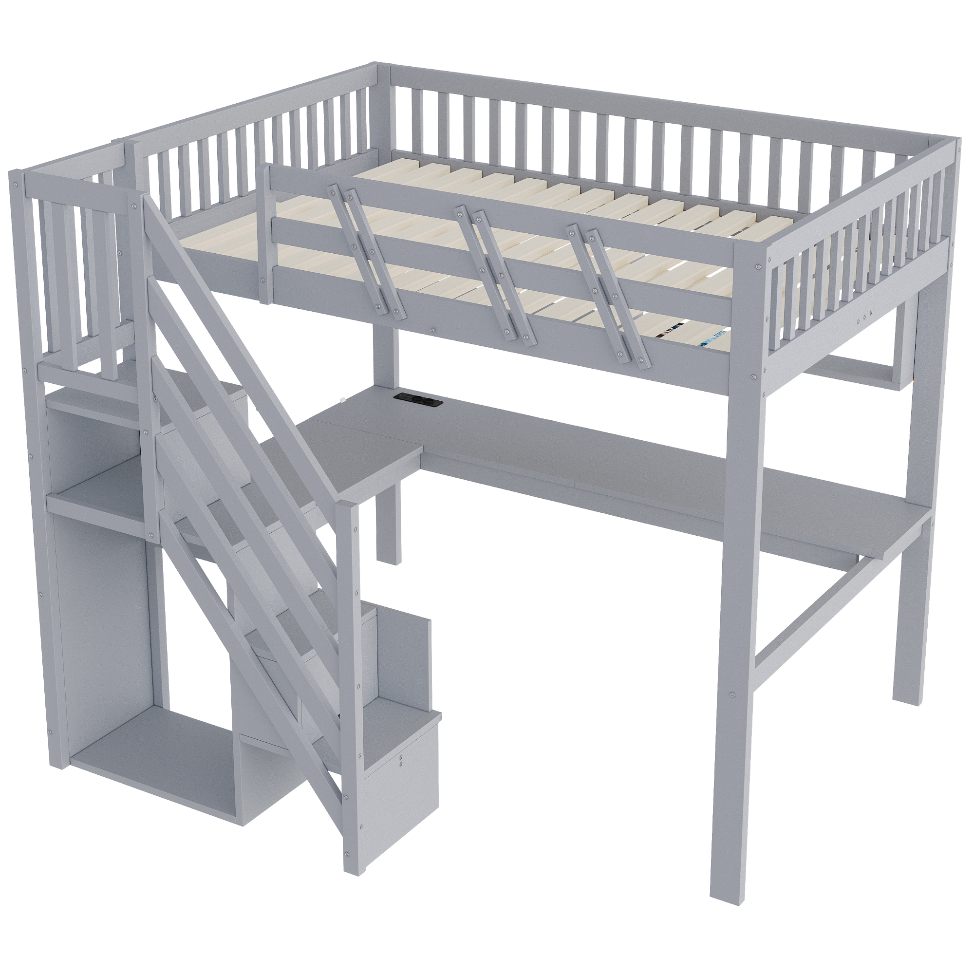 Lit enfant 140 x 200 cm avec bureau, LED, ports de charge, rangements, bois, Gris - vue complémentaire
