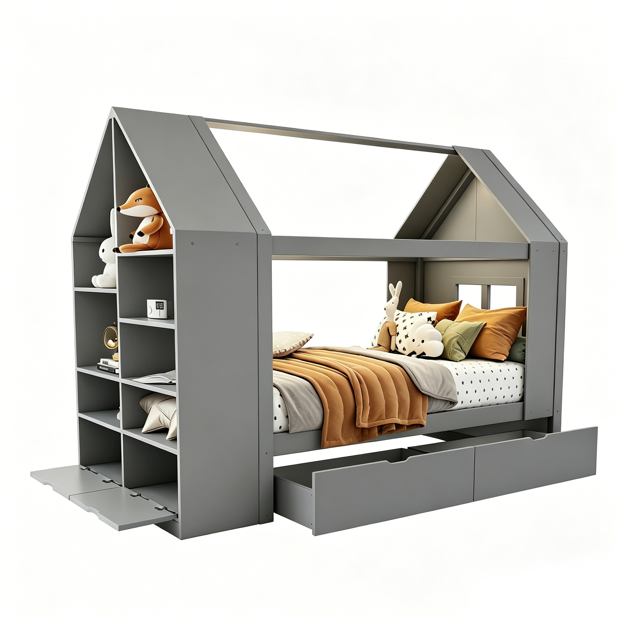 Lit cabane enfant 90 x 200 cm, 2 tiroirs, éclairage LED latéral, bois massif et MDF, gris, 235 x 95 x 154,5 cm 🏠 - spécifications 1