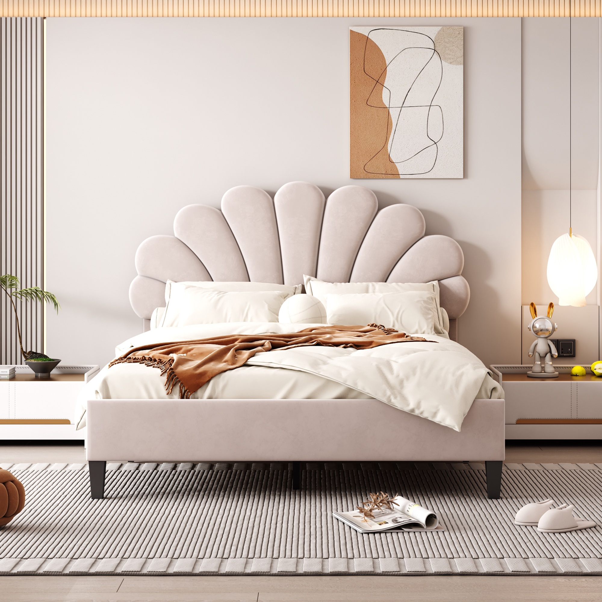 Lit double velours beige