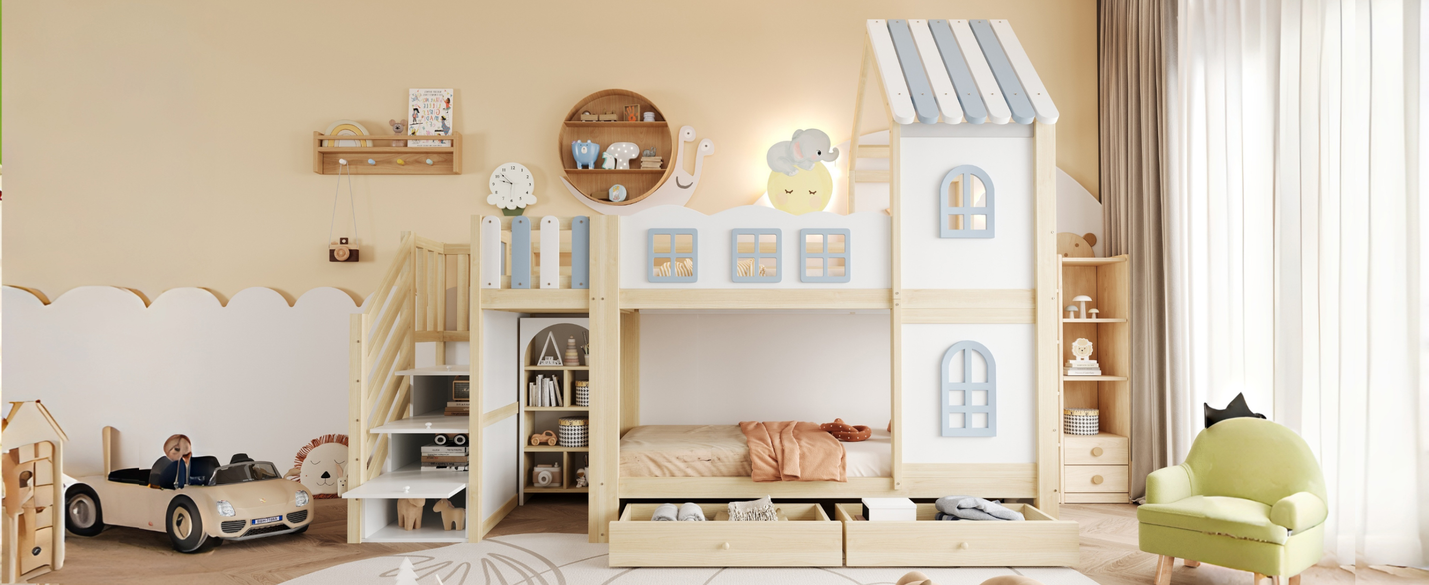 Lit superposé enfant blanc et vert avec toit