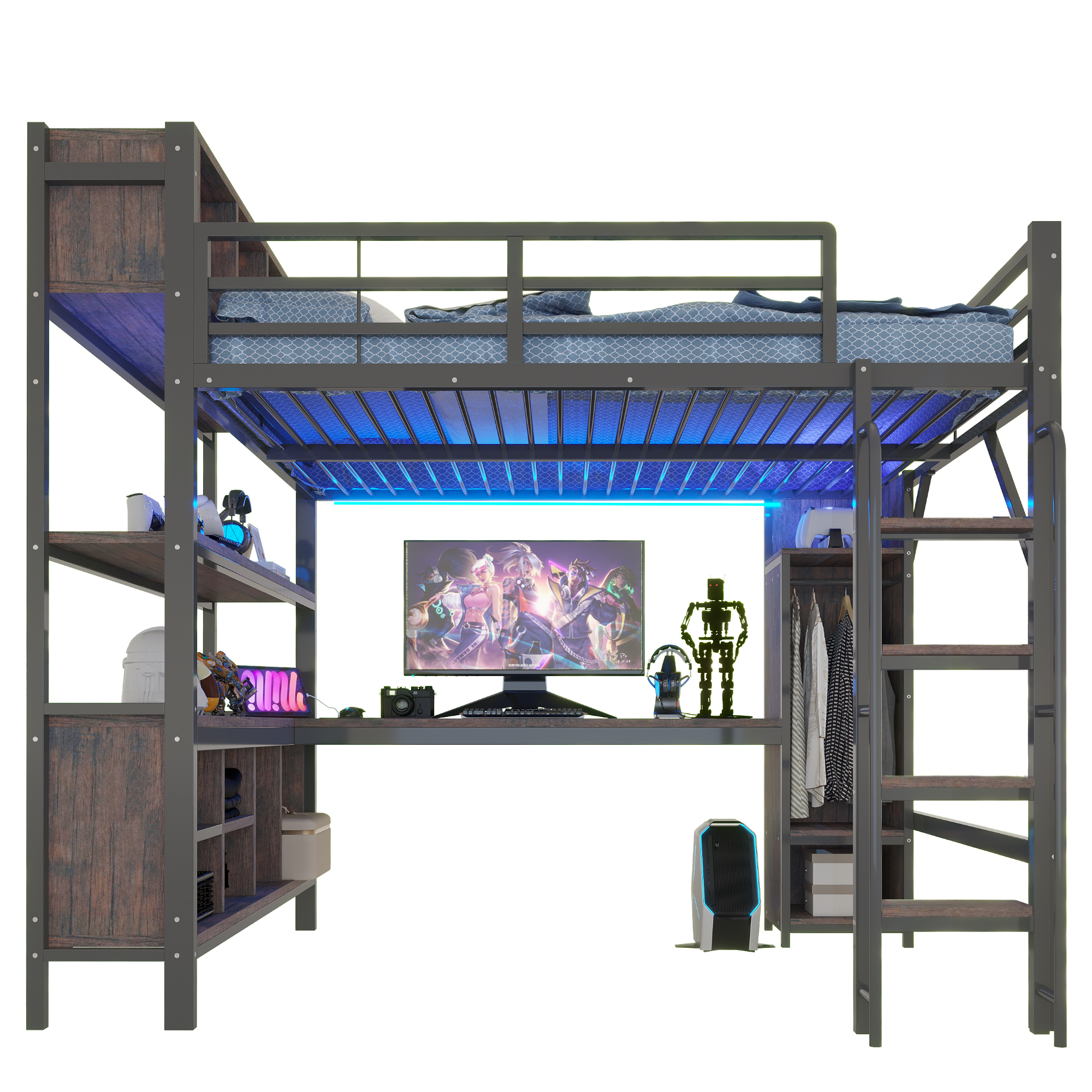 Lit mezzanine 140 x 200 cm, bureau intégré, penderie intégrée, éclairage LED au niveau du bureau, prise intégrée, métal, noir, 229,2 x 145 x 185 cm - présentation 1