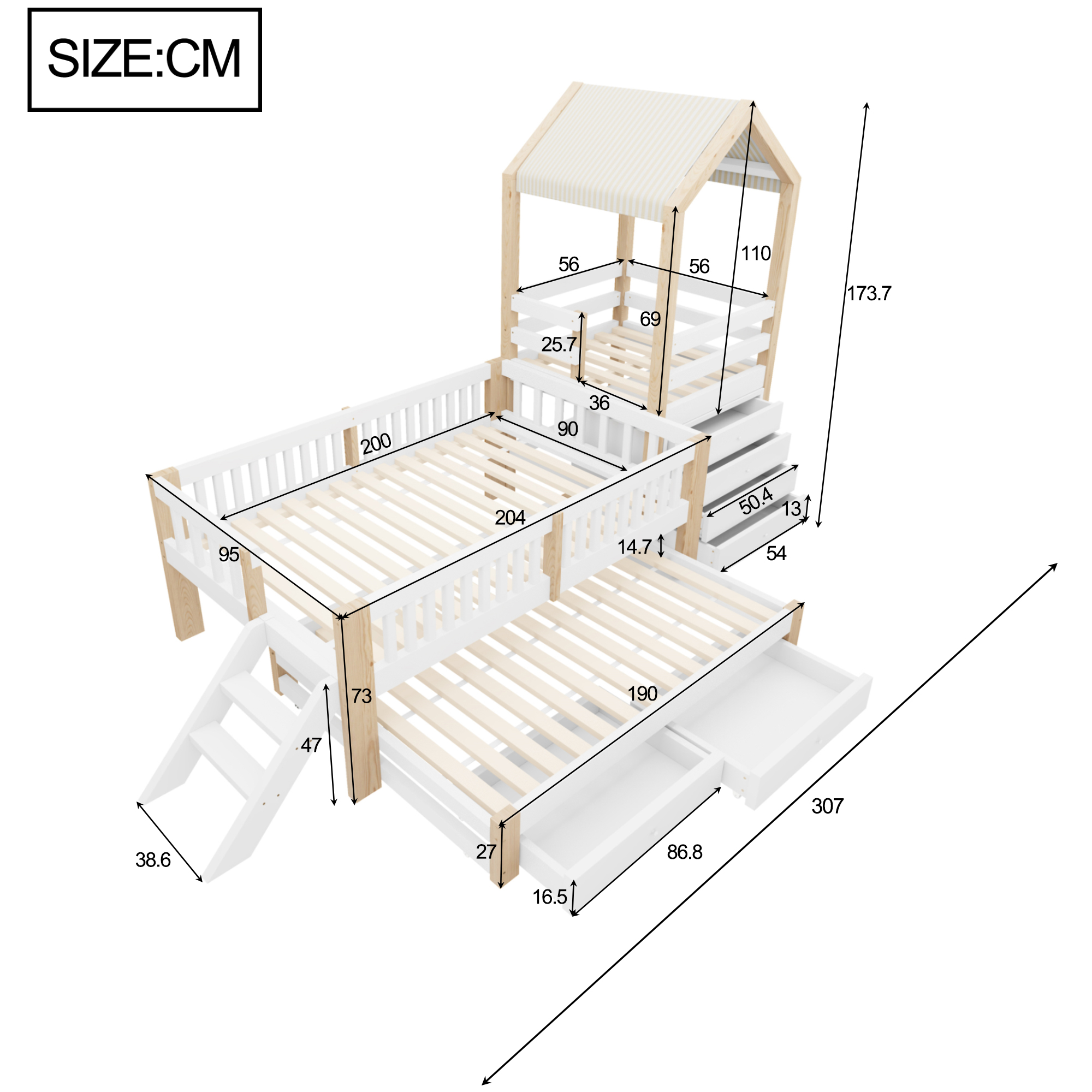 Détails du lit enfant avec escalier latéral, bloc de rangement et lit gigogne