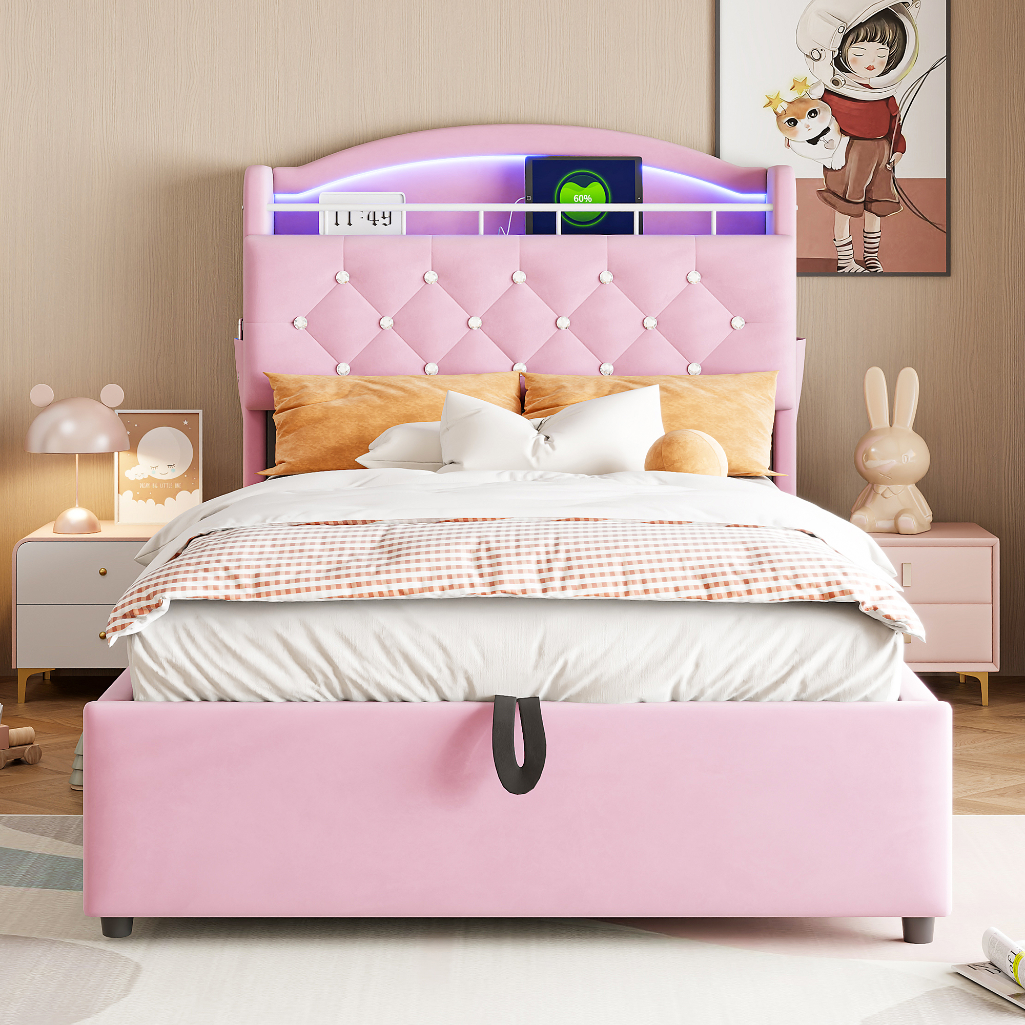 Lit coffre rembourré en velours 90 x 200 cm avec rangement hydraulique, LED et ports USB-C, Rose