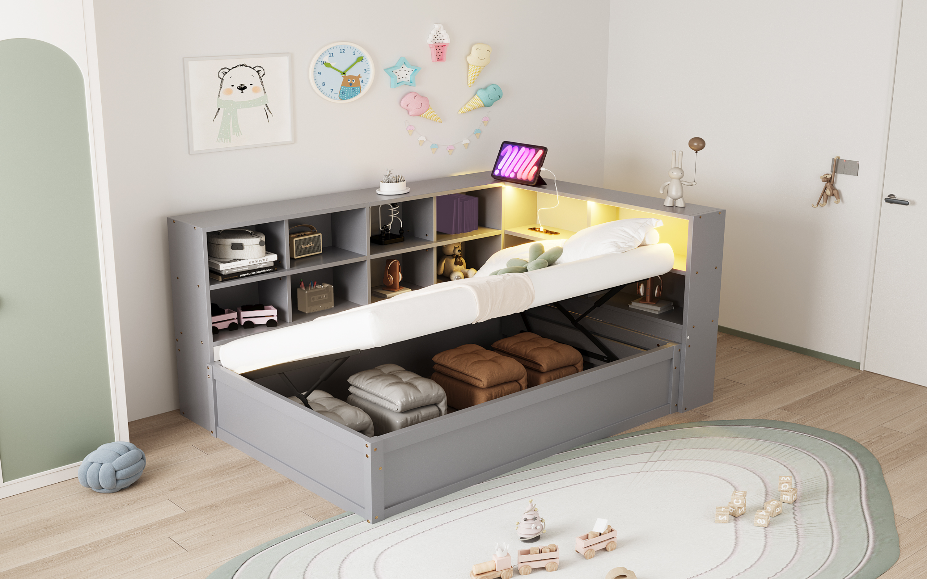 Lit simple en bois massif, prise multifonction intégrée, rangements multiples, bande LED contrôlable par smartphone/télécommande, pour chambre, recharge appareils, beaucoup de stockage, ambiance personnalisée, design moderne - image 13