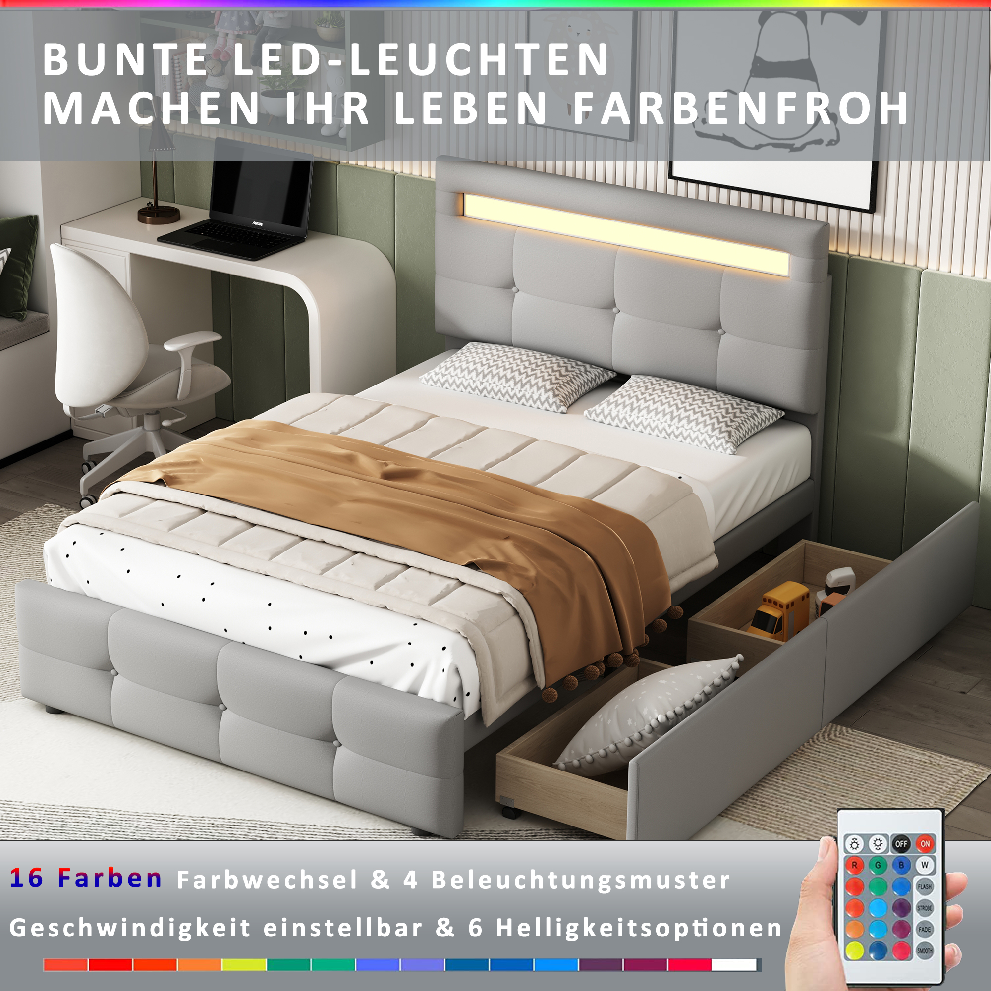 Polsterbett 90*200cm mit LED-Leuchten, 2 Schublade
