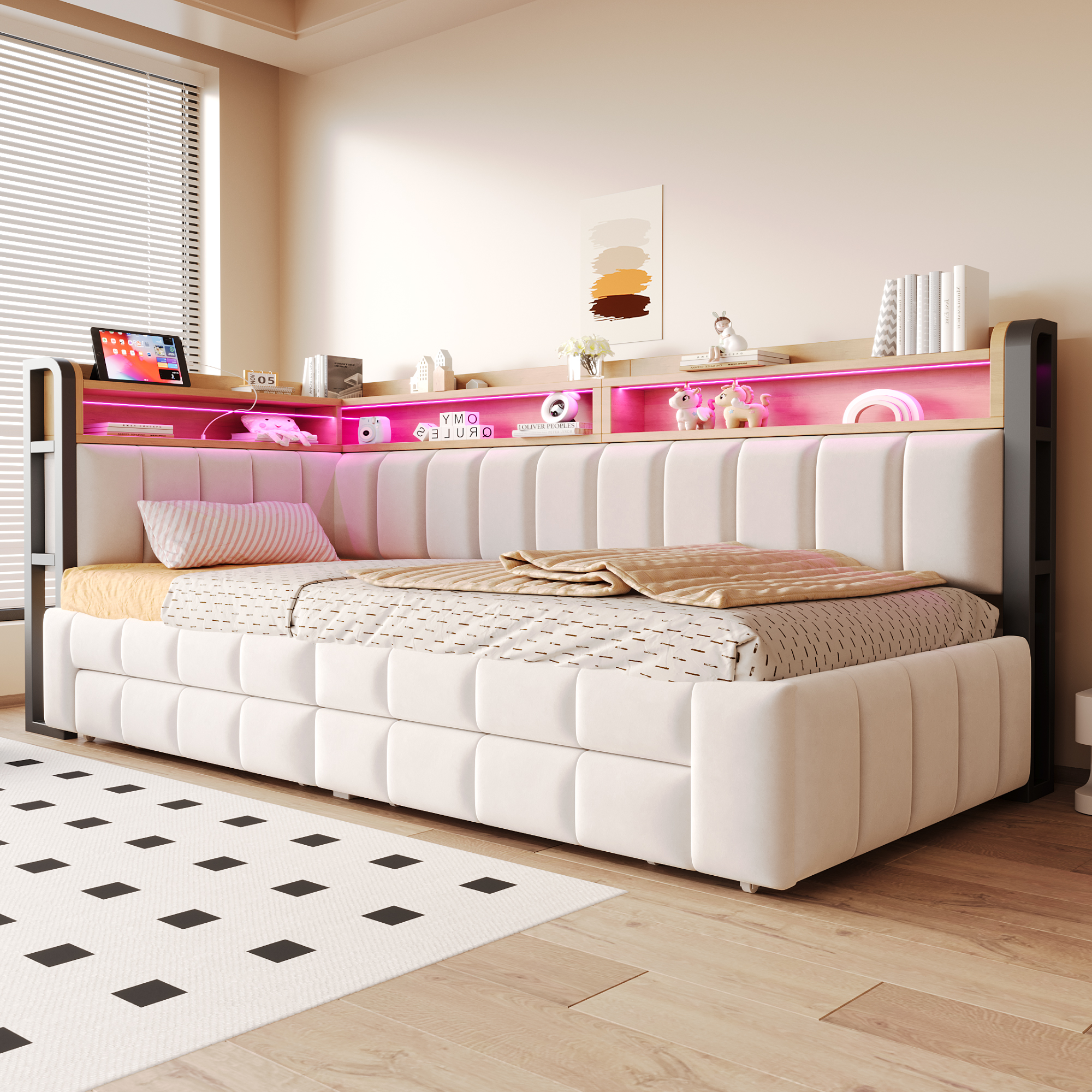 Lit banquette rembourré 90 x 200 cm, lit gigogne, 2 tiroirs, éclairage LED intégré à la tête de lit, port USB, velours, beige, 211 x 105 x 90 cm 🛏️↔ - vue principale 1