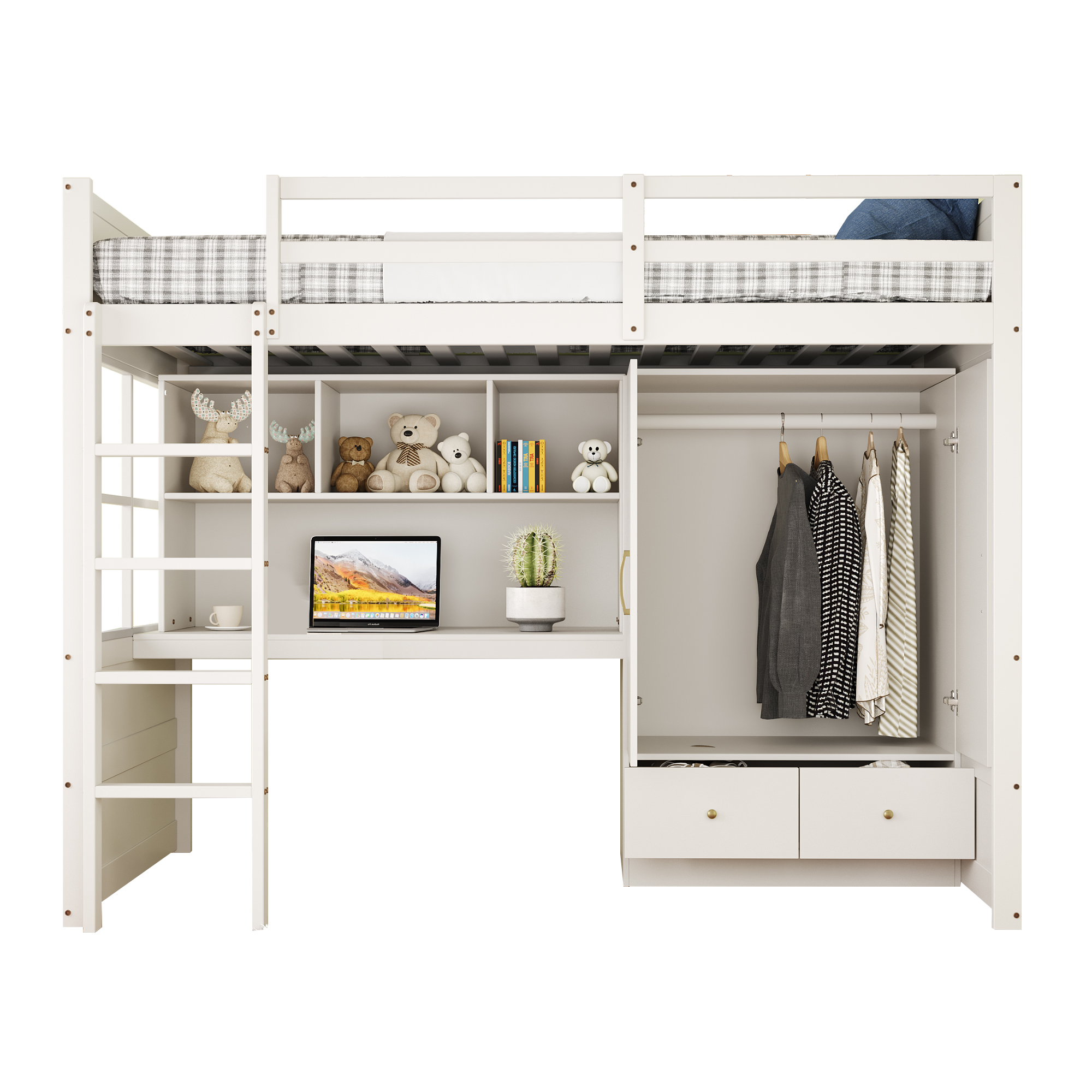 Lit mezzanine 90x200 cm gain de place 204,5x102x174 cm en bois Blanc - vue complémentaire 1