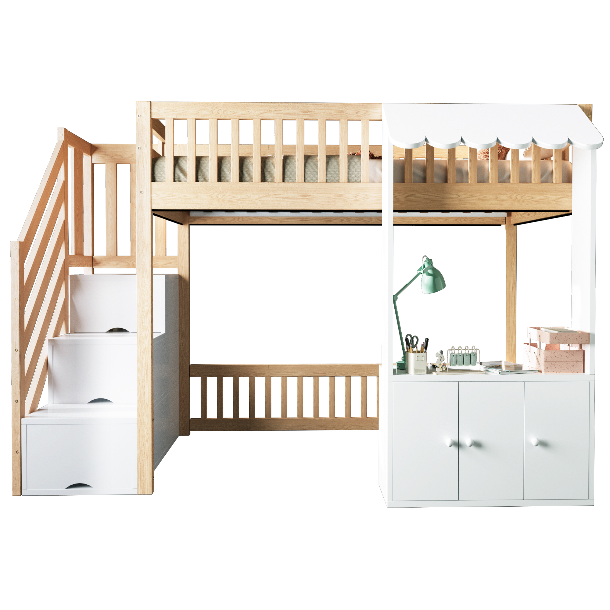 Lit mezzanine 90 x 200 cm, escalier de rangement, baldaquin, éclairage LED sous le couchage, espace sous le lit aménageable, bois de pin, effet bois naturel, 253 x 108,9 x 139 cm - spécifications 1