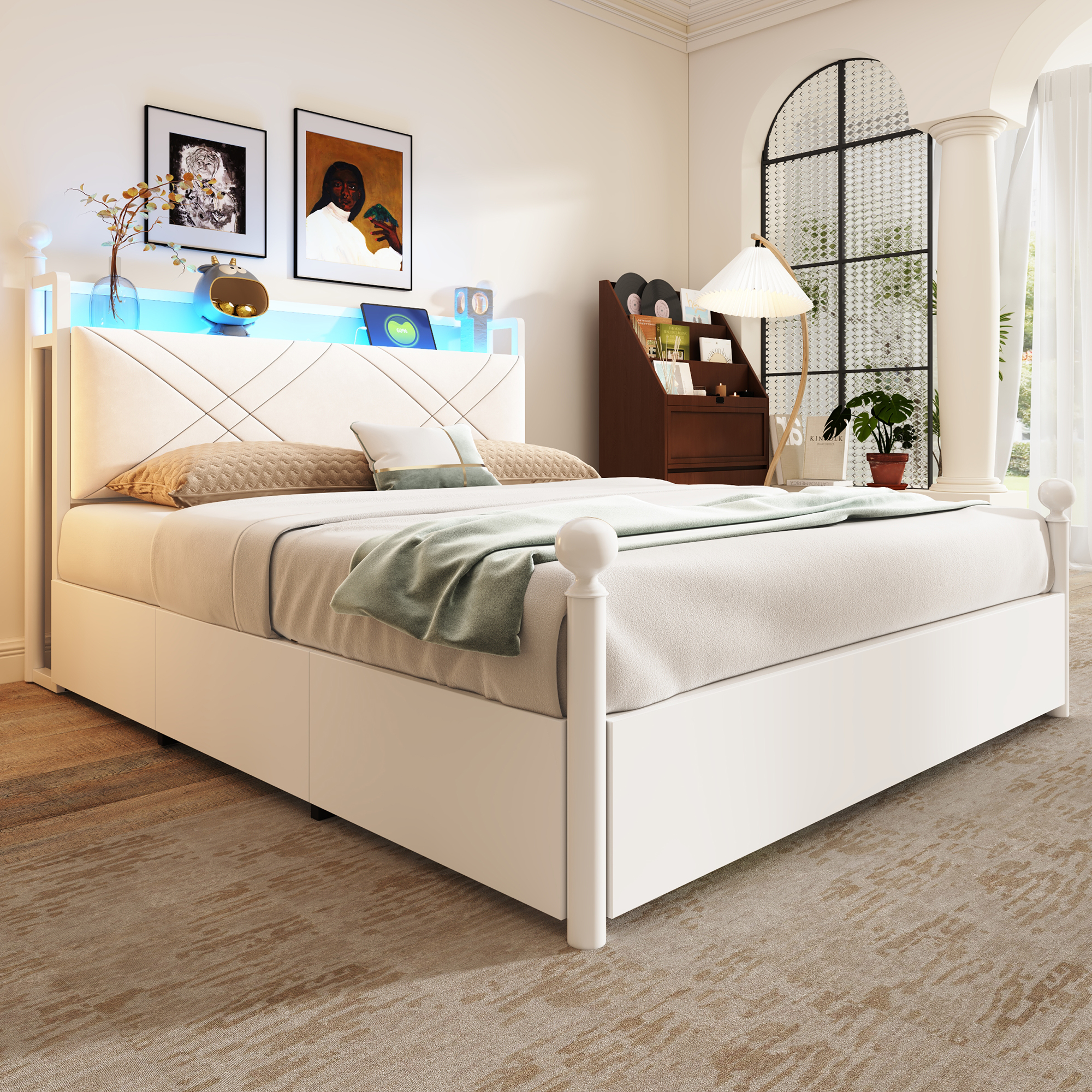 Lit à baldaquin métal 140x190 blanc LED USB 3 tiroirs