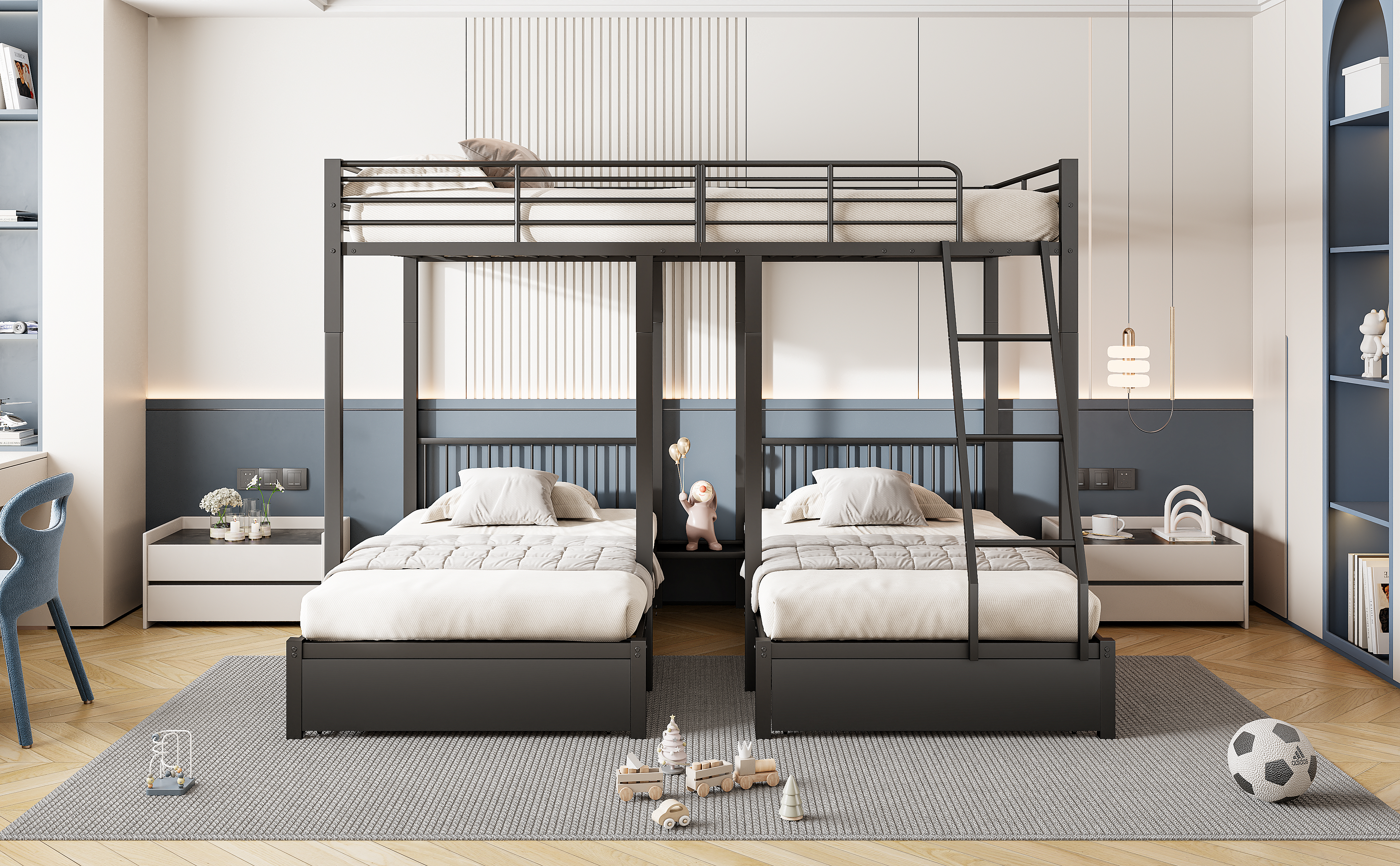Lit triple 140×200 + 2×90×200 cm, 2 tiroirs escamotables, divisible en 3 lits séparés, barrières continues, pour famille et invités, gain de place vertical, stabilité, sécurité, fonctionnalité, durabilité - image 7