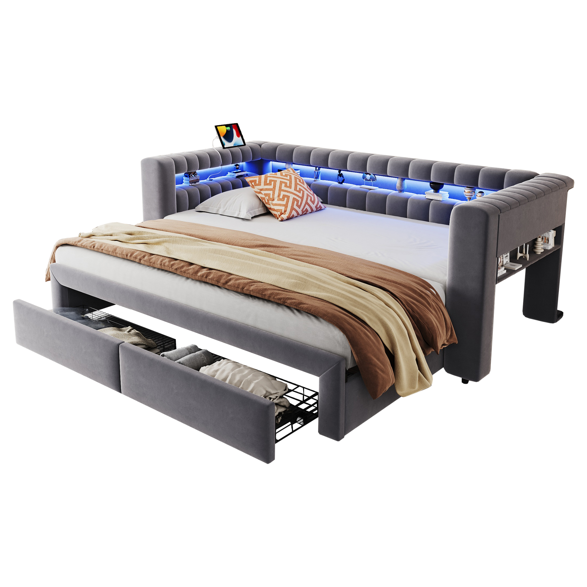 Lit banquette convertible 90x190 cm extensible à 180x190 cm,en velours,couchage gigogne,éclairage LED,ports USB et Type-C,gris,lit 1 place,lit avec rangement intégré