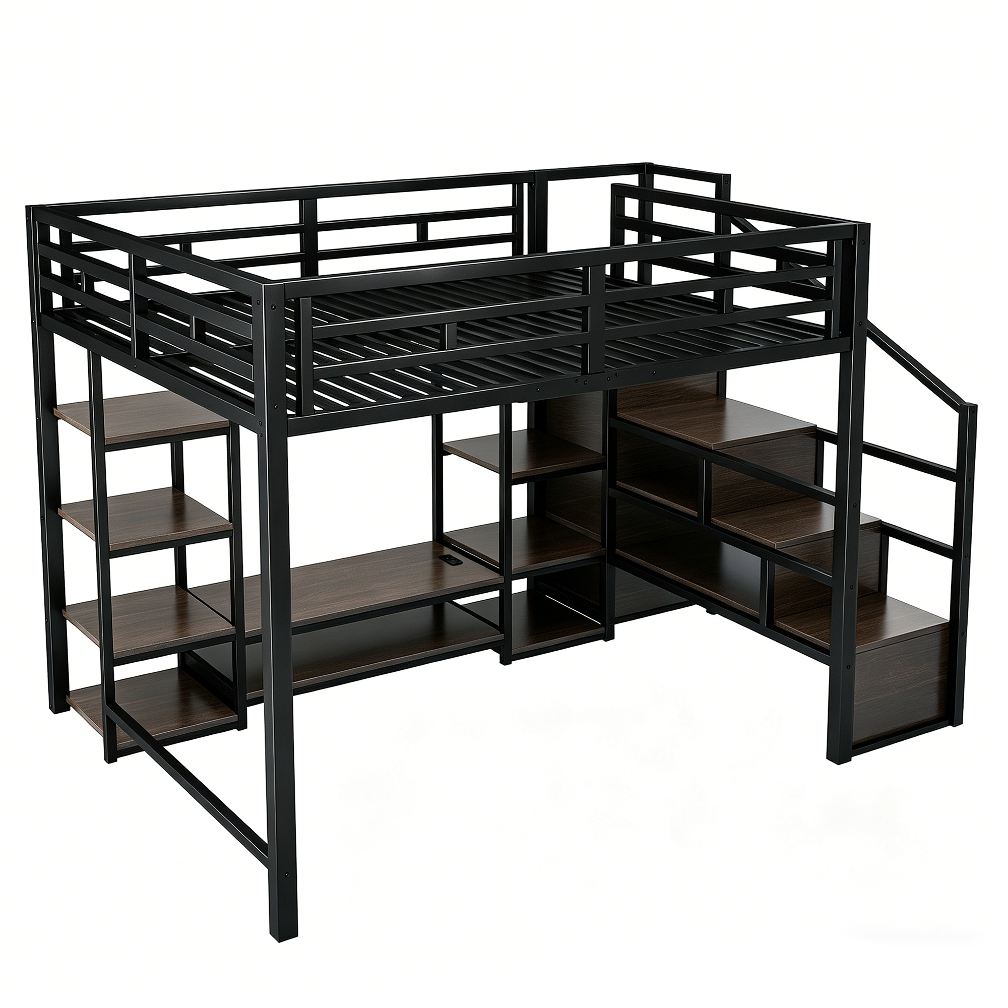 Lit mezzanine noir avec support TV prise intégrée et échelle