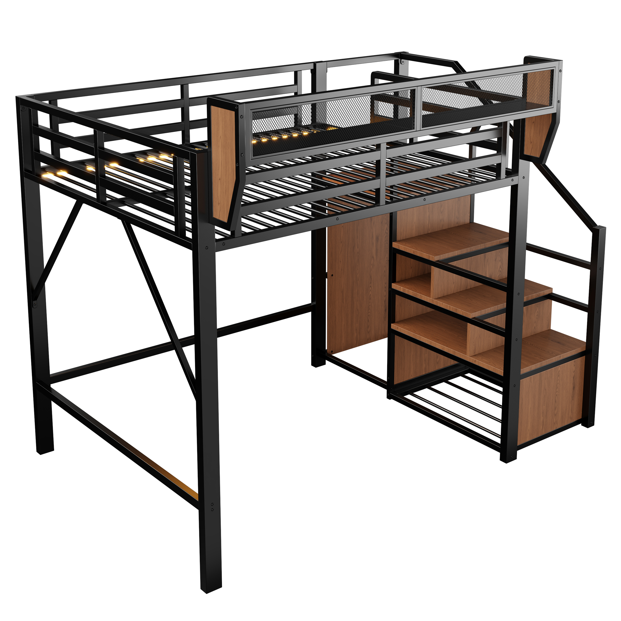 Lit mezzanine 140x200 cm avec LED, bureau, étagères et rangements, métal Noir - spécifications 1