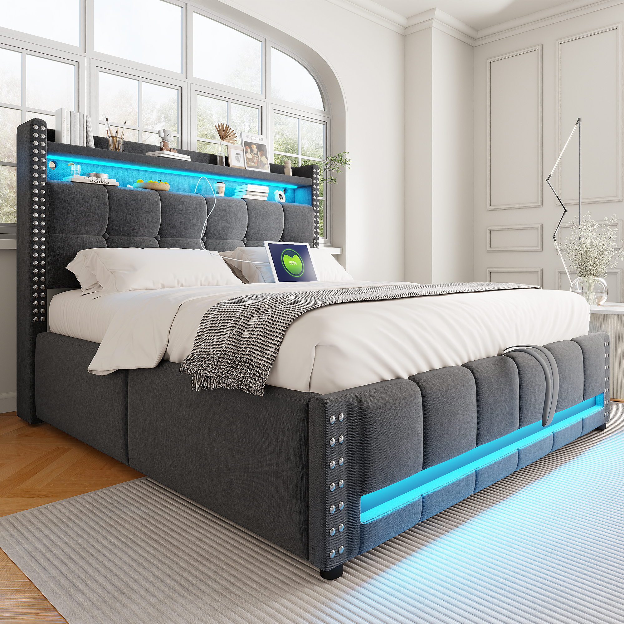 Polsterbett 140*200cm mit LED-Beleuchtung und USB-