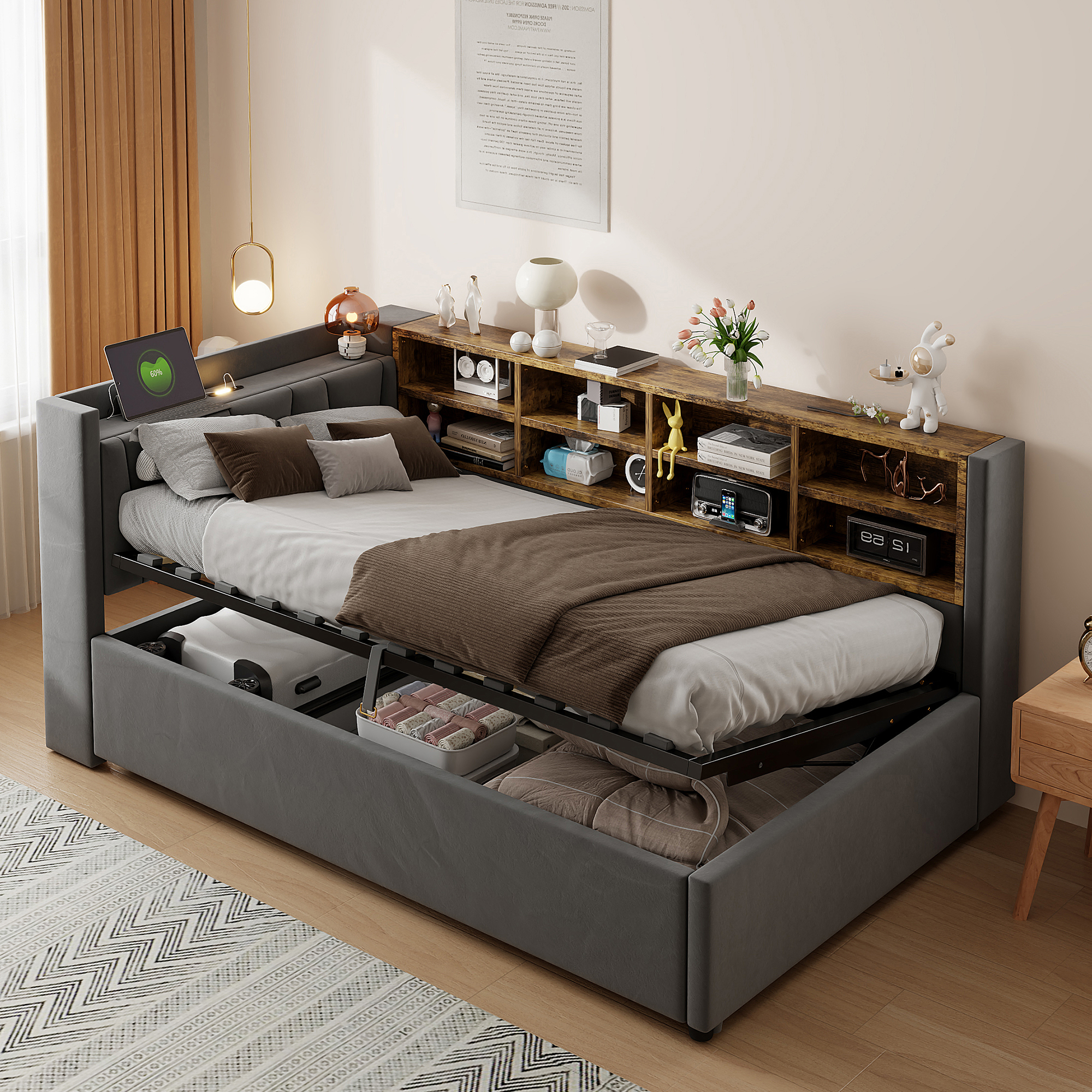 Lit coffre 90 x 200 cm en velours gris foncé avec sommier hydraulique relevé et espace de rangement sous le couchage