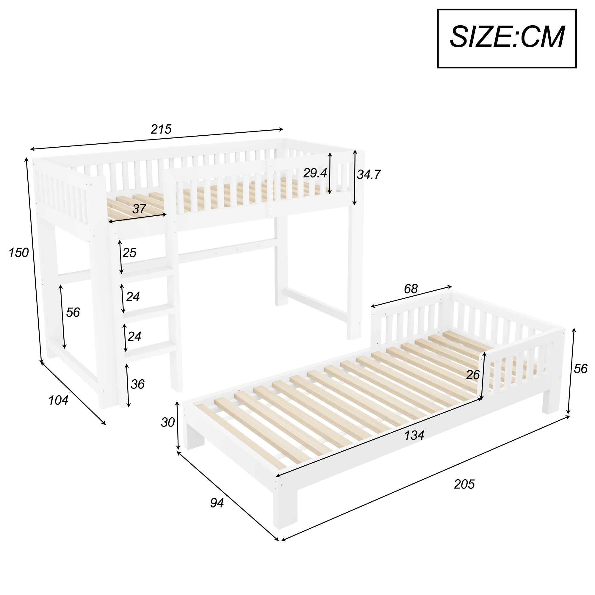 Différentes configurations de l'ensemble de lits enfant modulaires 90 x 200 cm