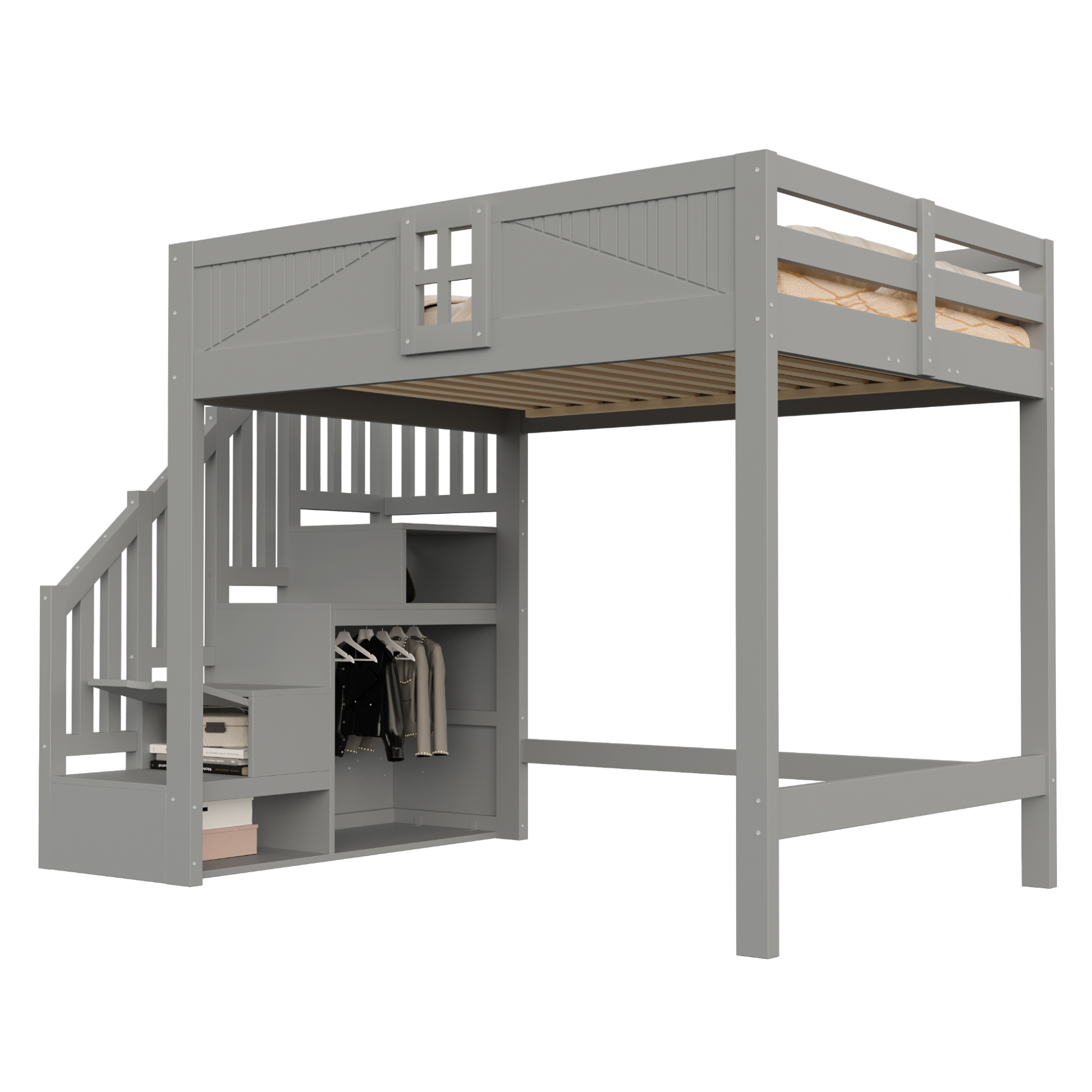 Lit mezzanine 140 x 200 cm avec bureau, échelle, LED, bois, Gris - fonctions
