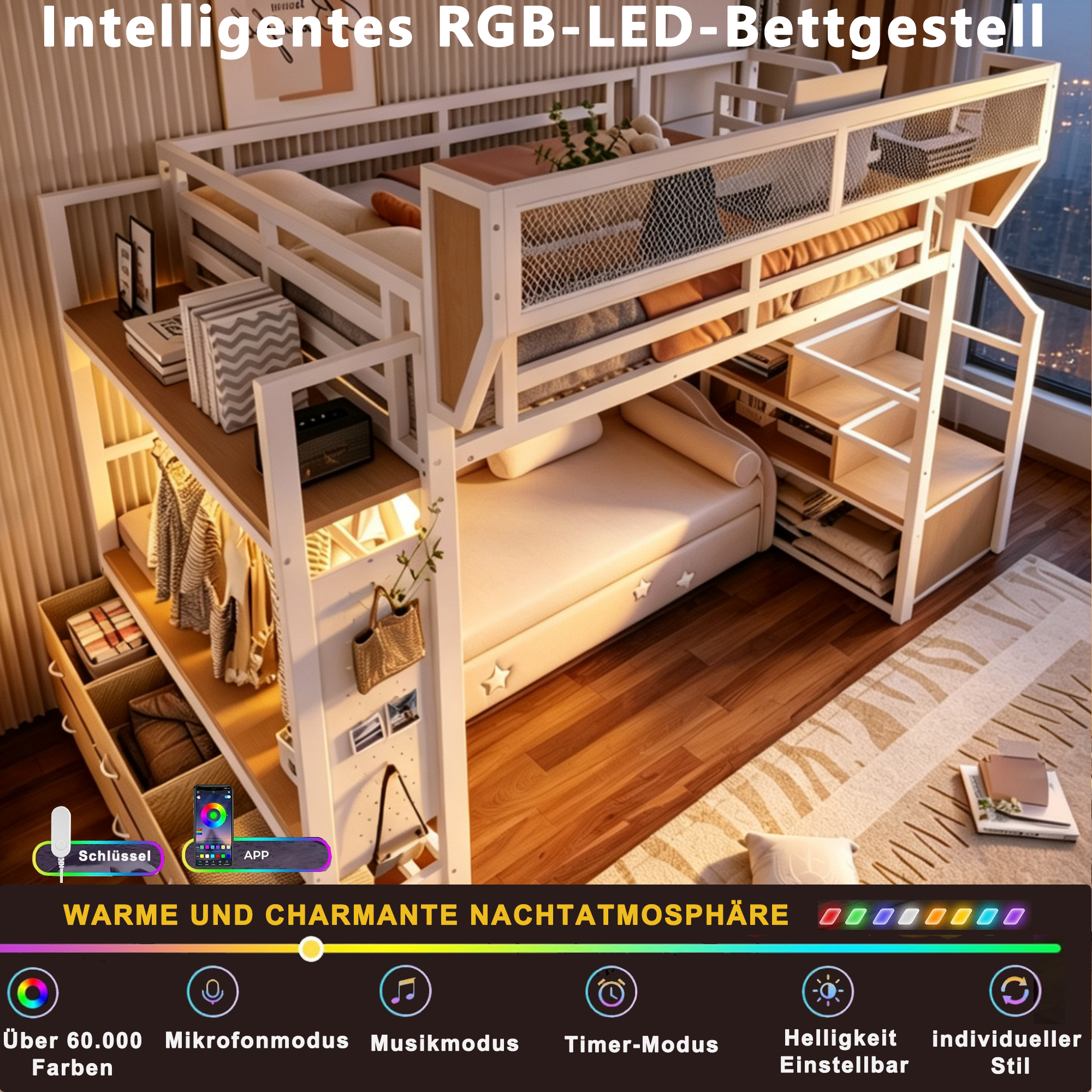 Éclairage LED et barre de suspension sous le couchage