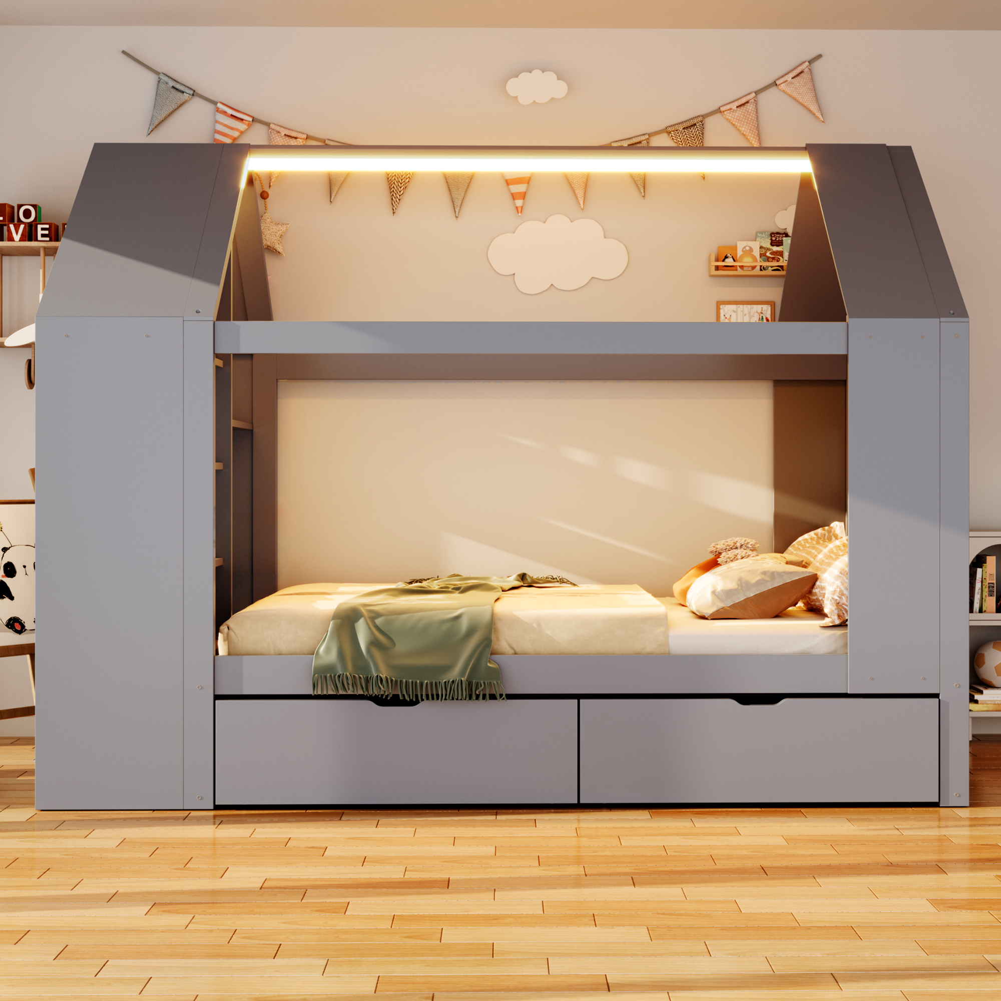 Lit cabane enfant 90 x 200 cm, 2 tiroirs, éclairage LED latéral, bois massif et MDF, gris, 235 x 95 x 154,5 cm 🏠 - vue principale 1