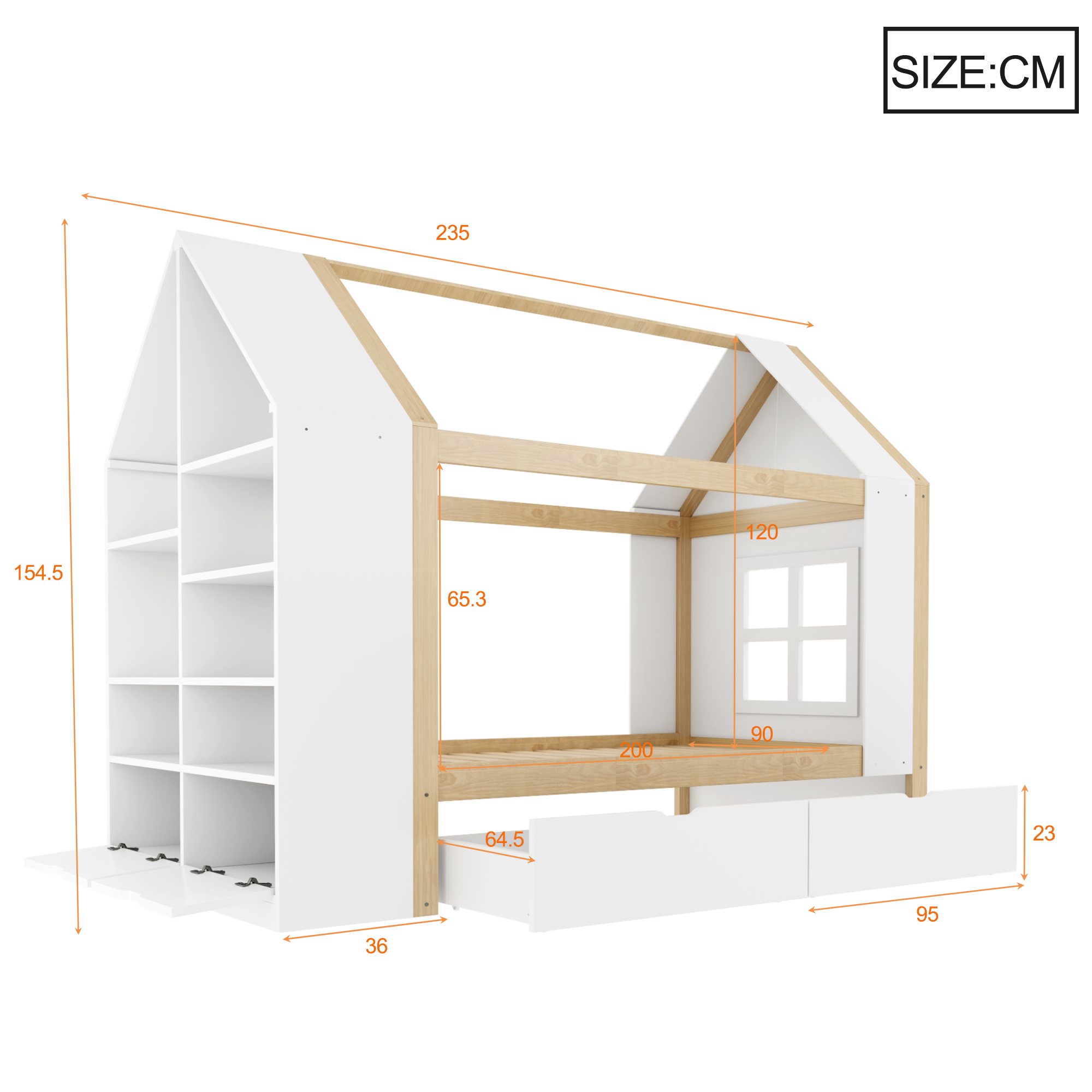 Lit cabane enfant 90 x 200 cm, 2 tiroirs, éclairage LED latéral, bois massif et MDF, blanc et effet bois naturel, 235 x 95 x 154,5 cm 🏠 - vue complémentaire 1