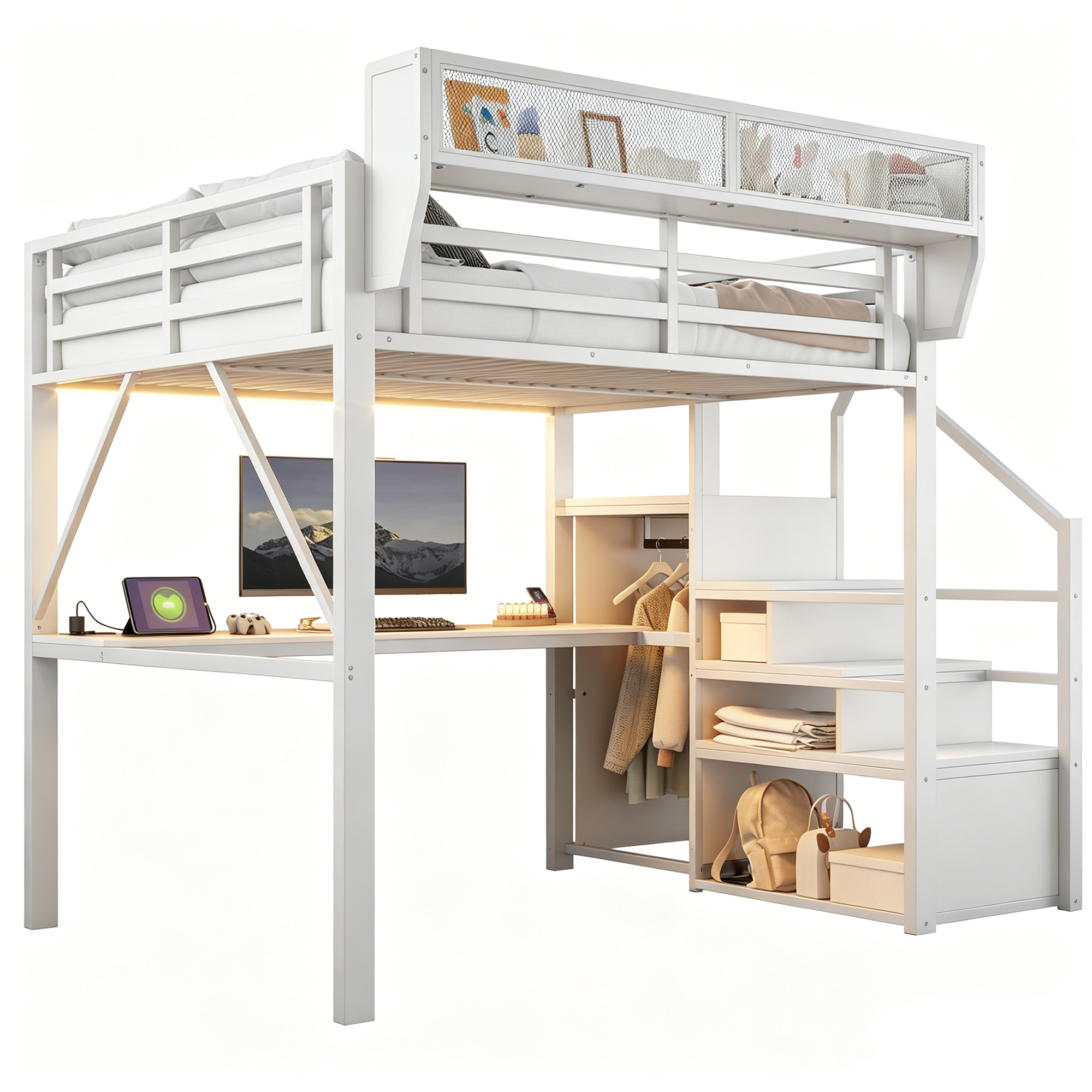 Lit mezzanine gain de place 255x145x191 cm en métal Blanc - présentation 1