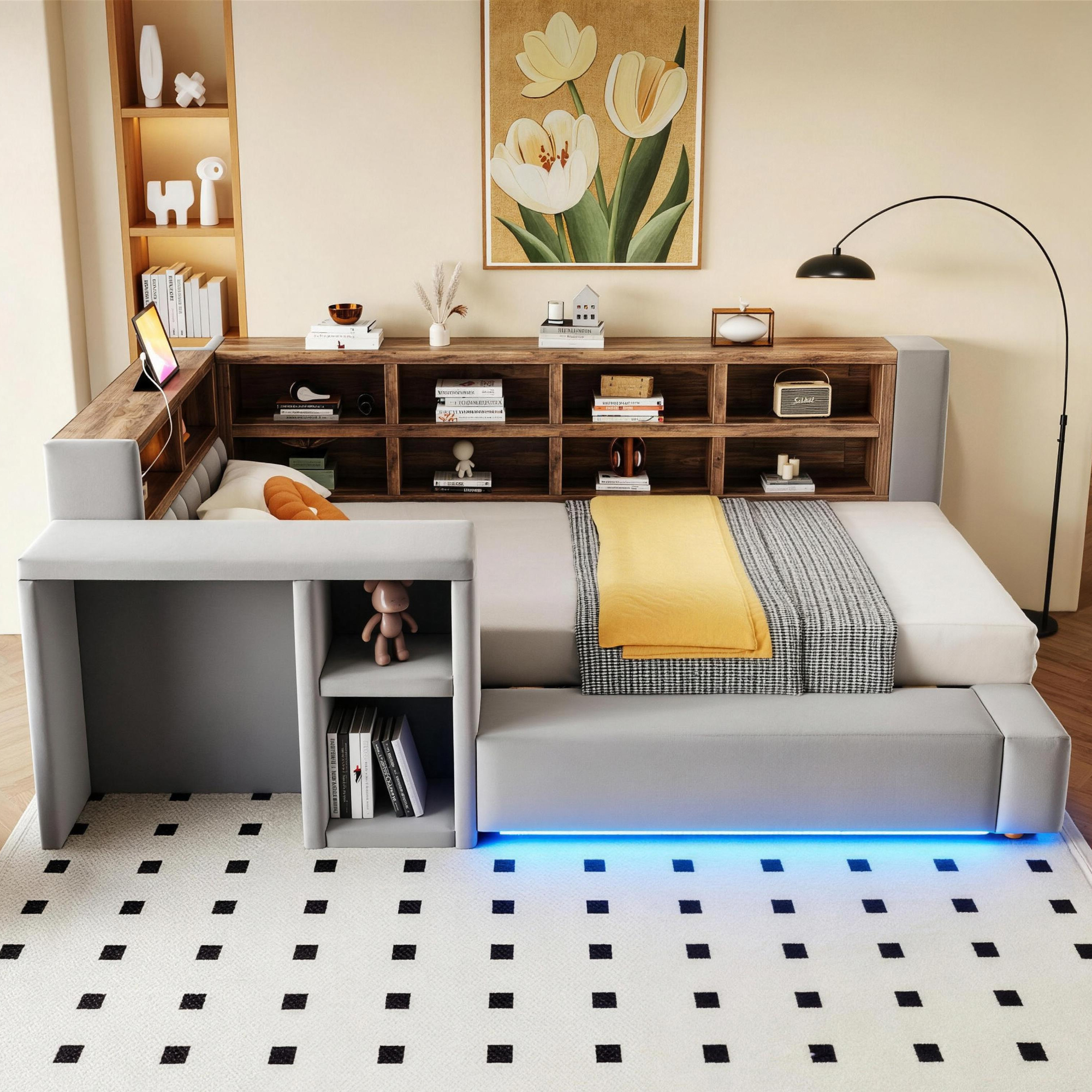 Lit rembourré 90 x 200 cm avec LED, ports de charge, structure rembourrée, Gris foncé - vue principale