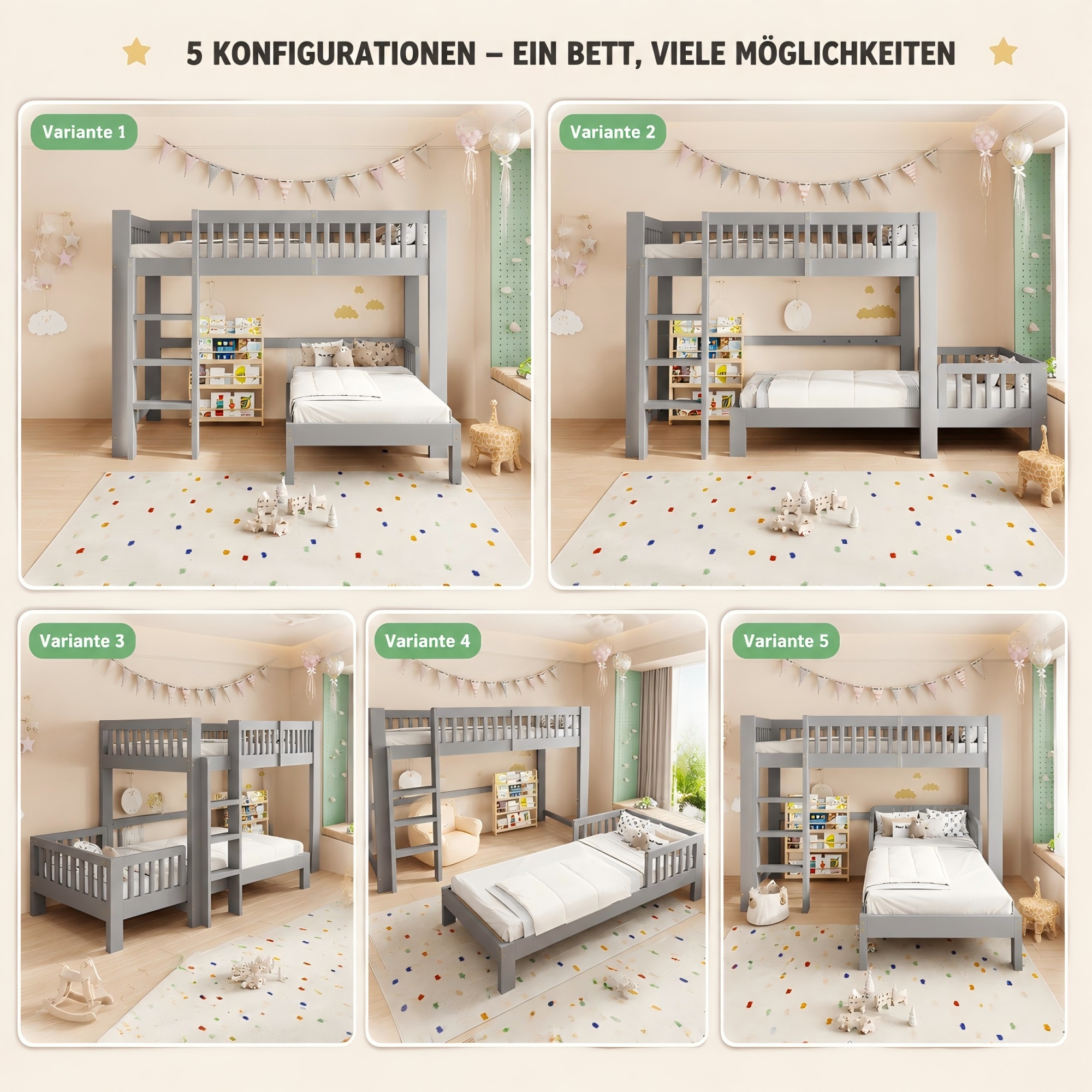 Lit mezzanine 90 x 200 cm avec LED, bois, Gris - dimensions et détails