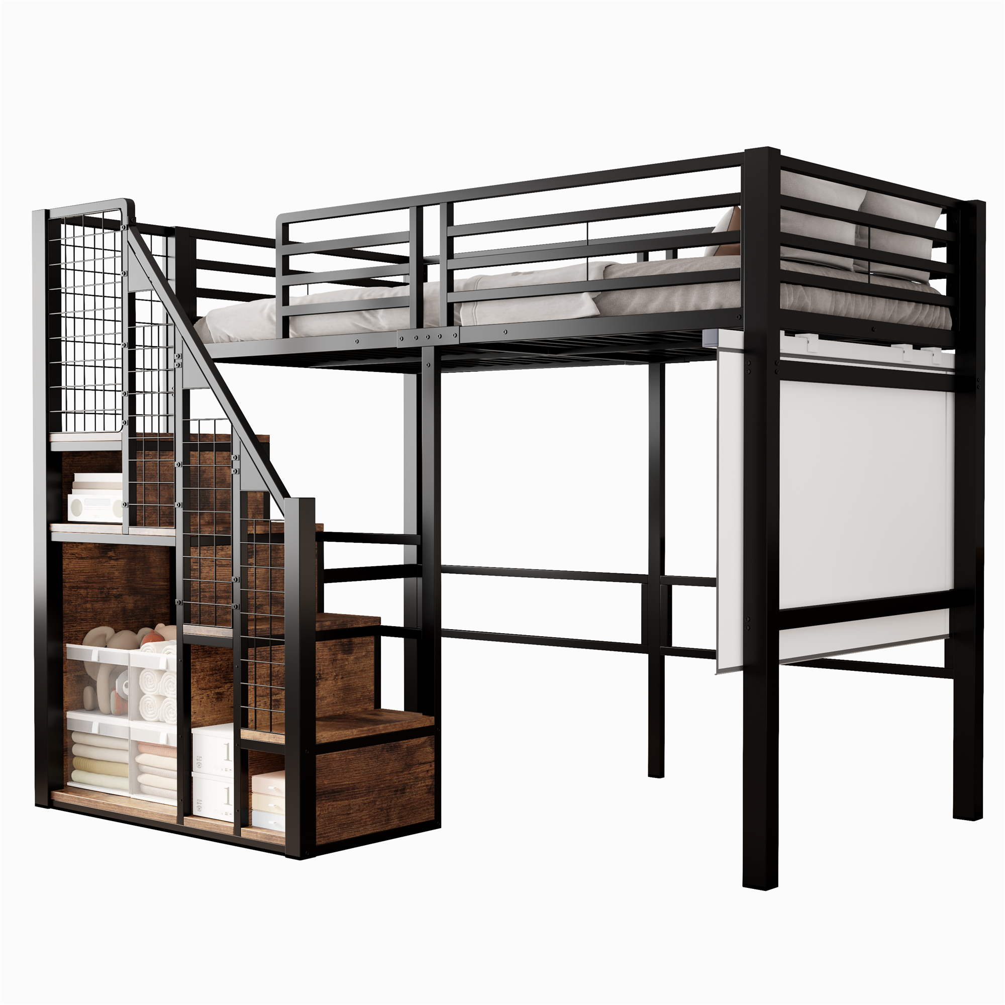 Dimensions et détails du lit mezzanine en métal 90 x 200 cm avec rangement penderie, escalier et espace inférieur noir