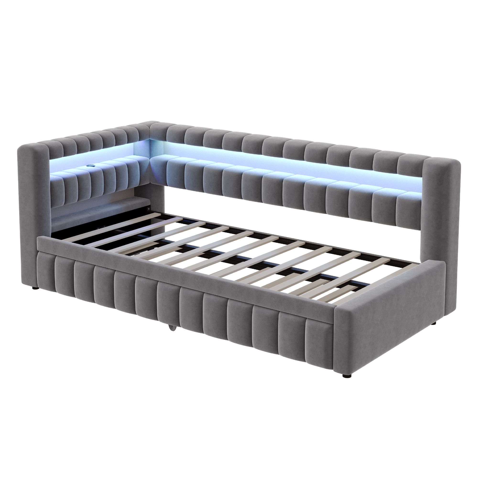 Lit banquette convertible 90x200 cm,en velours,couchage gigogne,éclairage LED,ports USB et Type-C,gris,lit 1 place,lit avec rangement intégré