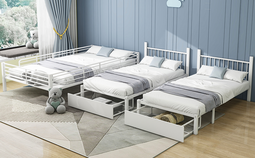 Lit triple 140×200 + 2×90×200 cm avec 2 tiroirs escamotables, divisible en 3 lits séparés, pour famille et invités, gain de place vertical, beaucoup de couchages, design polyvalent, stabilité, fonctionnalité - image 11