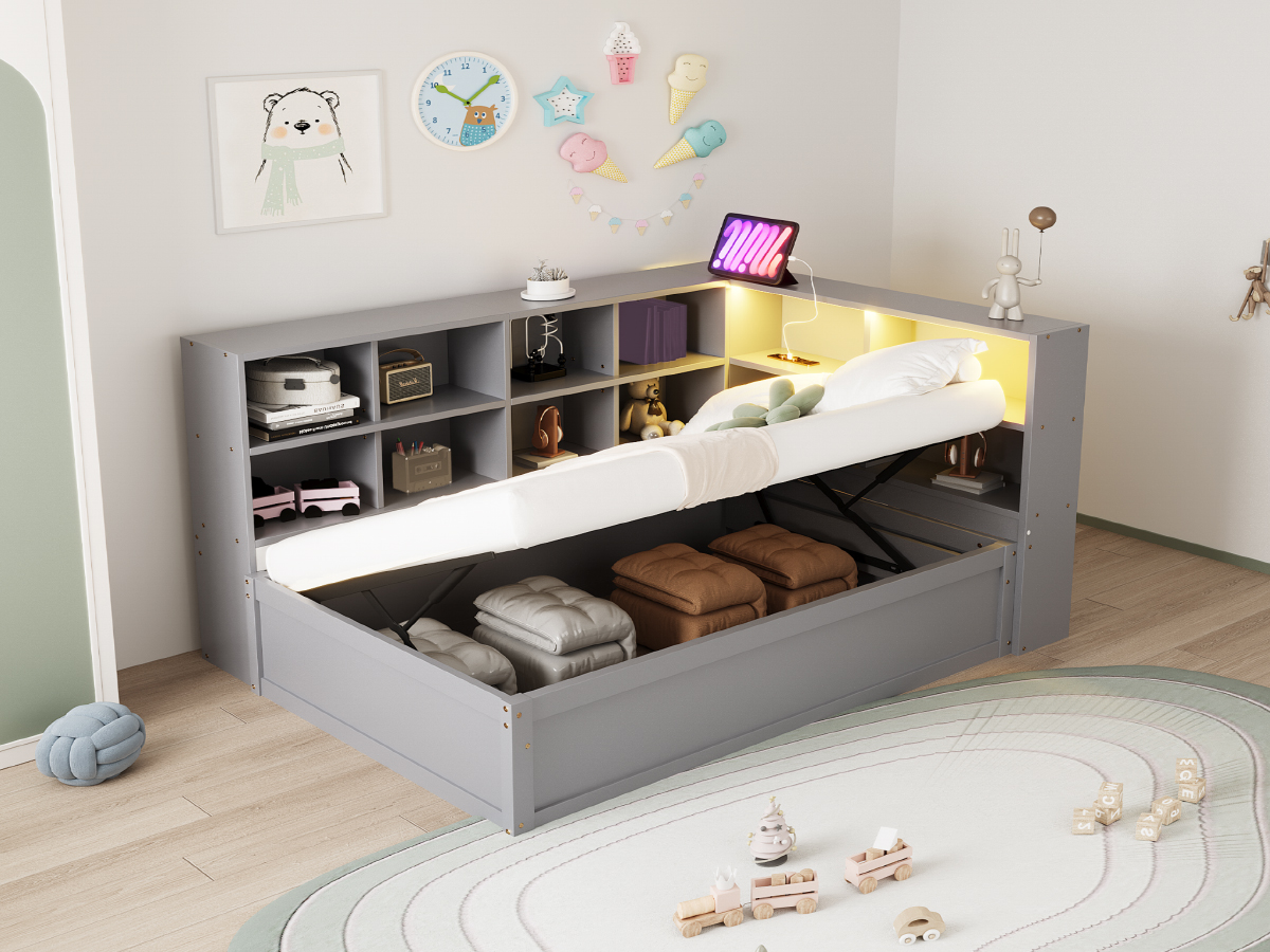 Lit simple en bois massif, prise multifonction intégrée, rangements multiples, bande LED contrôlable par smartphone/télécommande, pour chambre, recharge appareils, beaucoup de stockage, ambiance personnalisée, design moderne - image 14