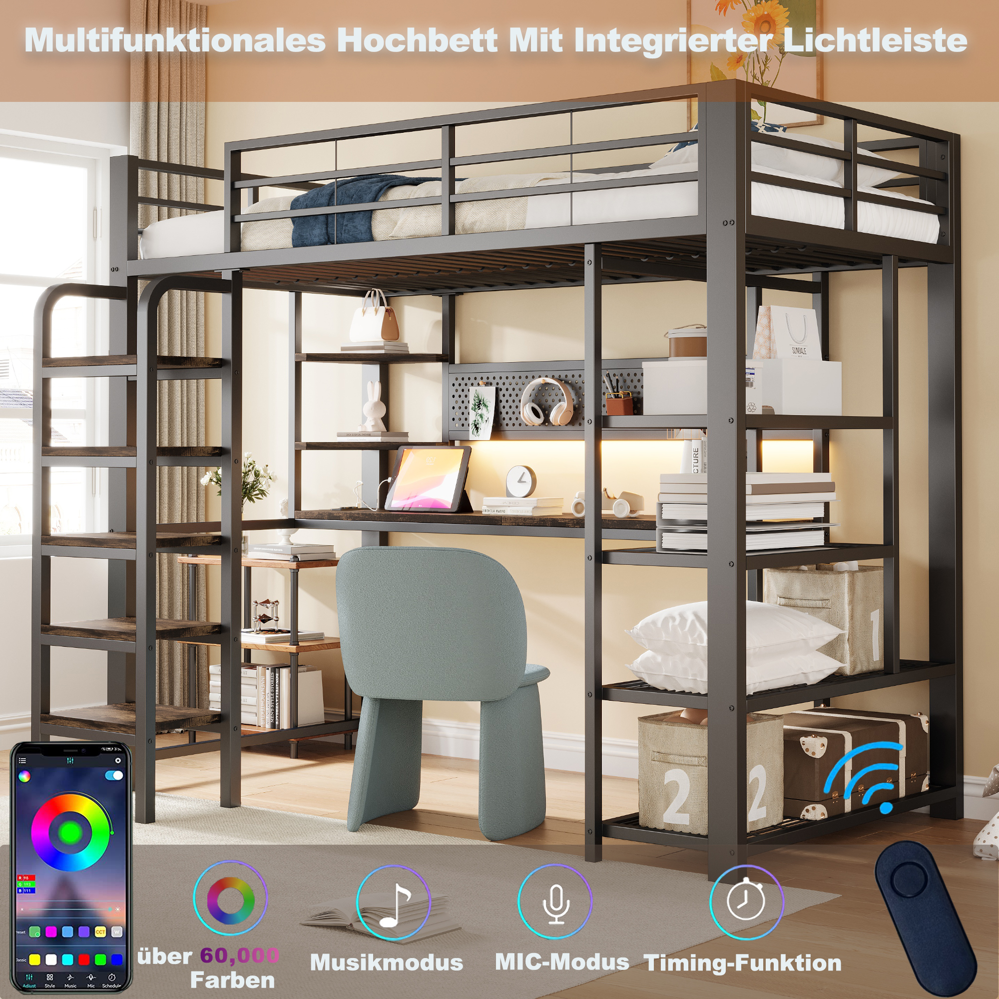 Lit meuble haut 90x200 noir LED bureau rangement