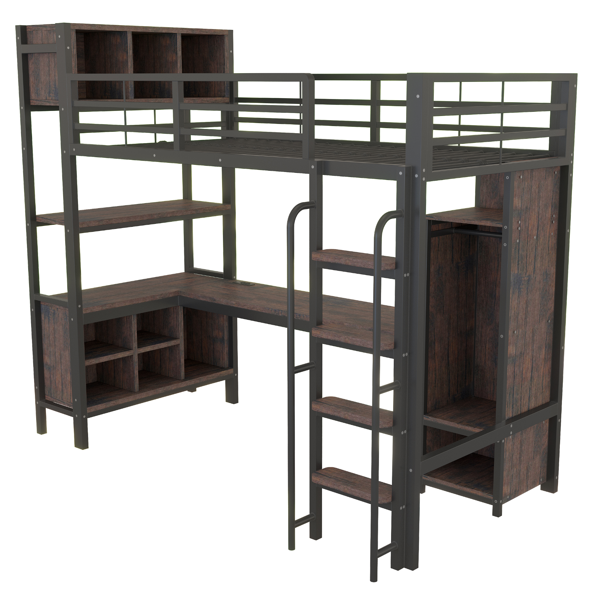 Lit mezzanine 90 x 200 cm, bureau intégré, penderie intégrée, éclairage LED au niveau du bureau, prise intégrée, métal, noir, 229,2 x 95 x 185 cm - points forts 1