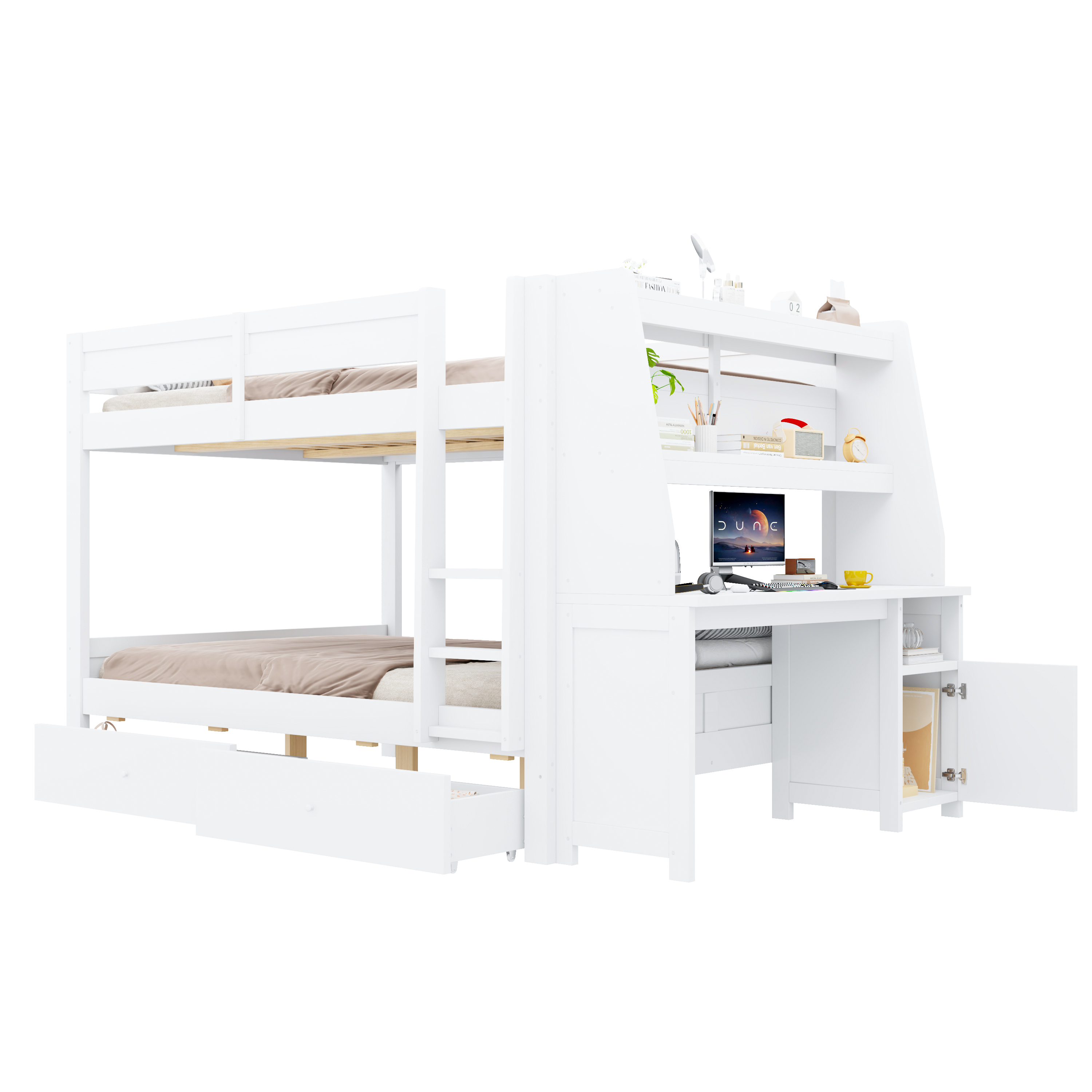 Détails de Lit mezzanine en bois 140 x 200 cm avec bureau, tiroirs, rangements et barrières de sécurité, Blanc