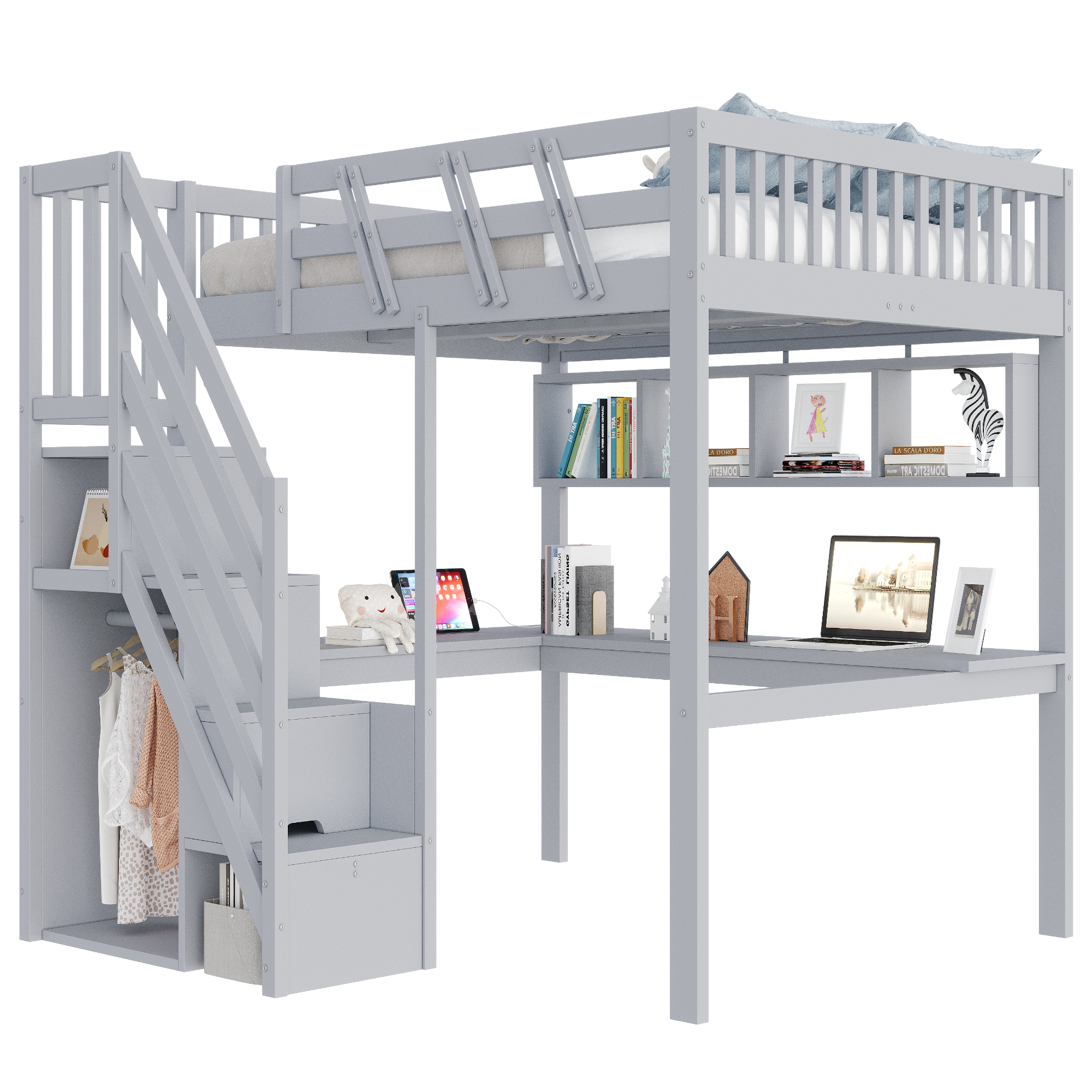 Lit enfant 140 x 200 cm avec bureau, LED, ports de charge, rangements, bois, Gris - fonctions