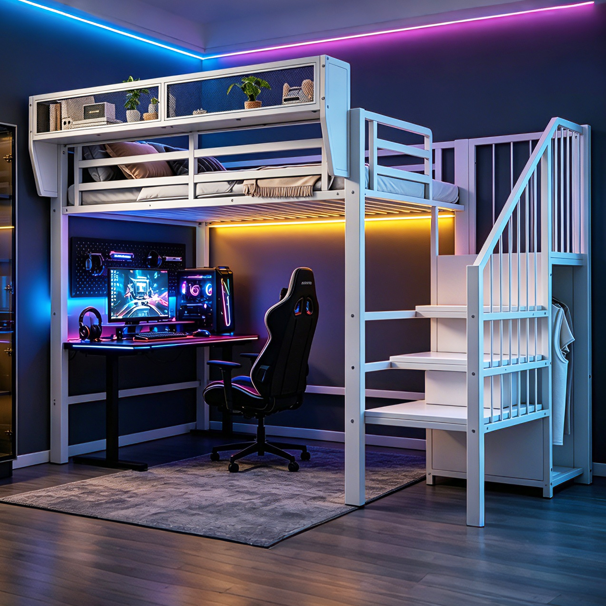 Lit mezzanine 90x200 cm avec LED, bureau, étagères et rangements, métal Blanc - vue principale 1