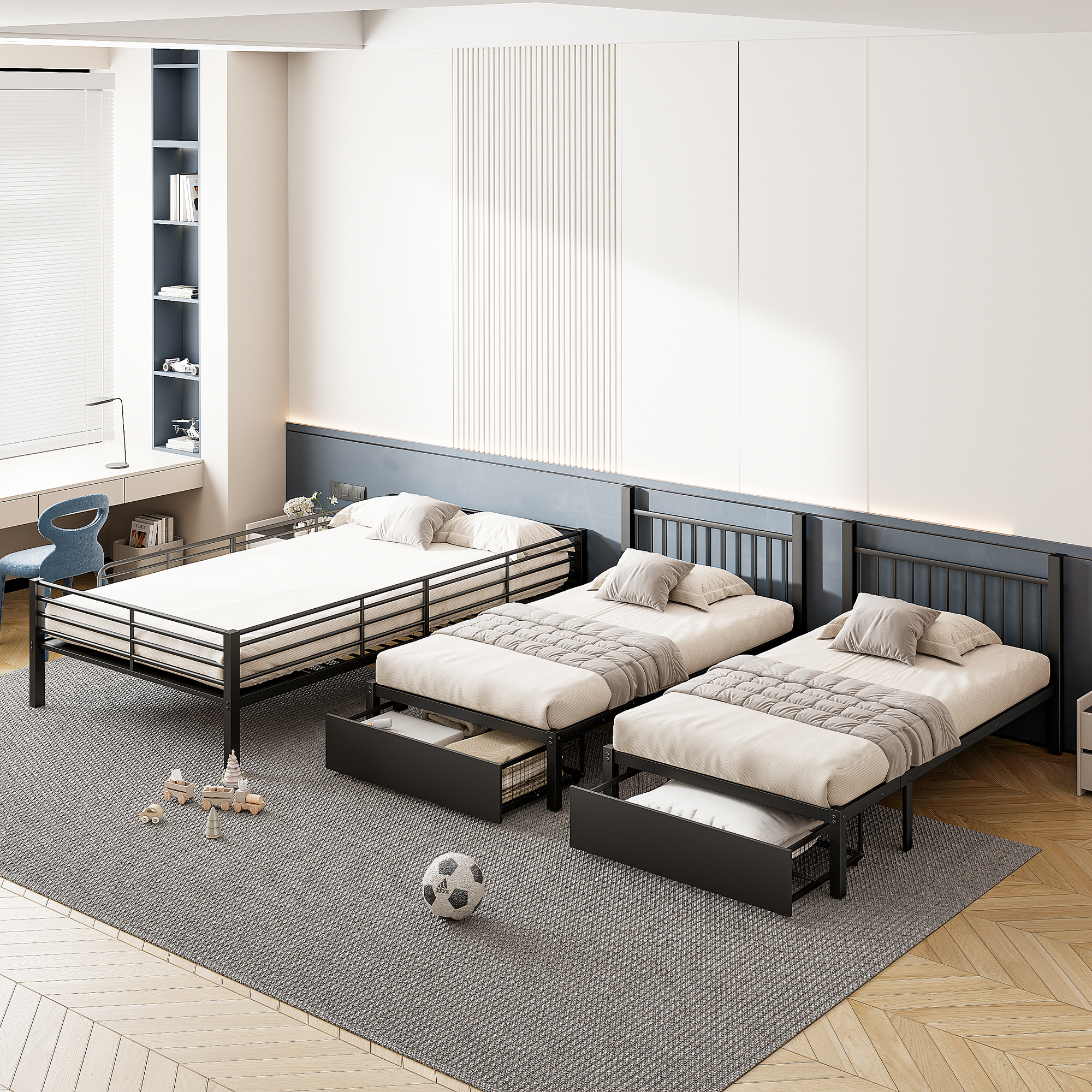 Lit triple 140×200 + 2×90×200 cm, 2 tiroirs escamotables, divisible en 3 lits séparés, barrières continues, pour famille et invités, gain de place vertical, stabilité, sécurité, fonctionnalité, durabilité - image 3
