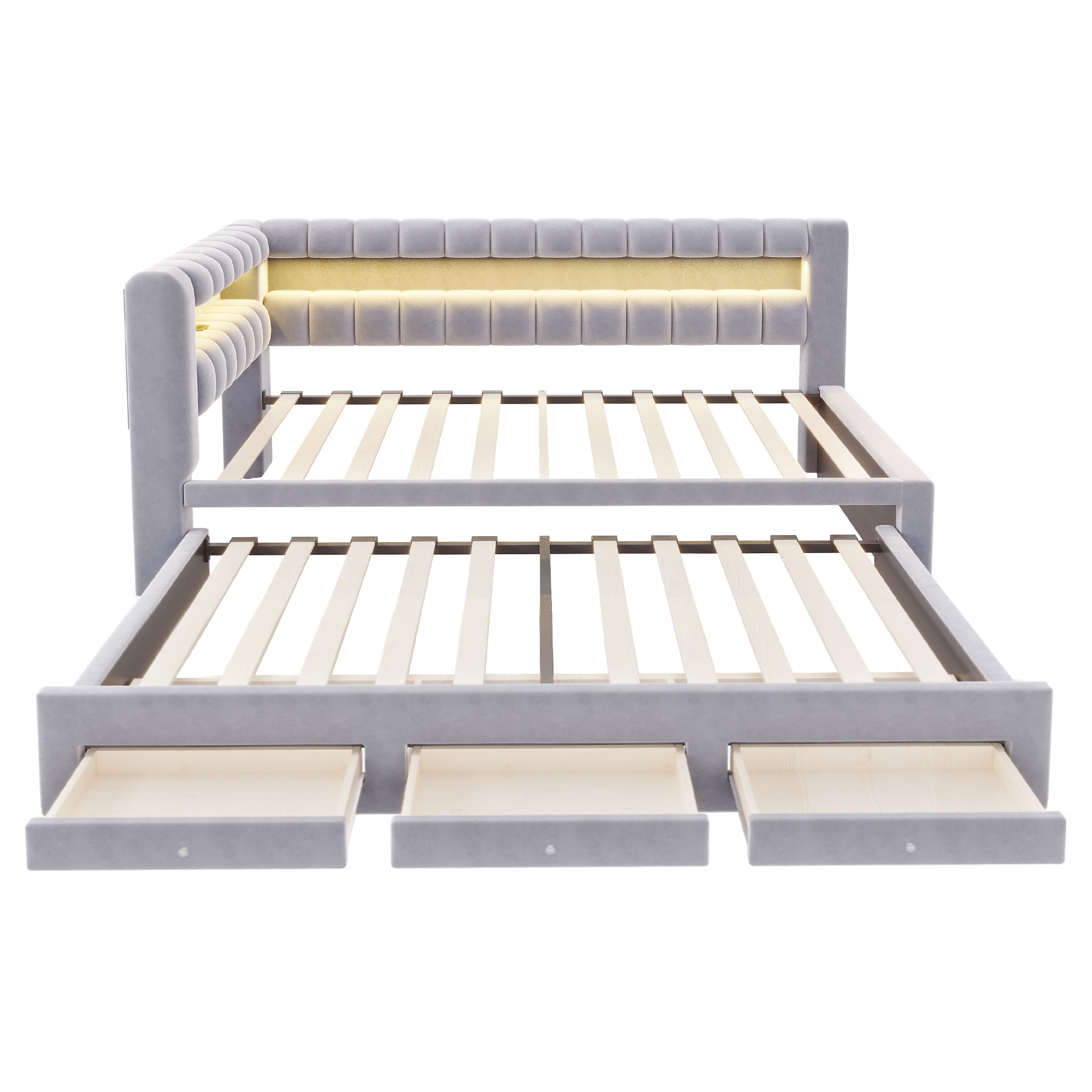Lit banquette convertible 90x190 cm,en velours,couchage gigogne,éclairage LED,ports USB et Type-C,gris clair et gris,lit 1 place,lit avec rangement intégré