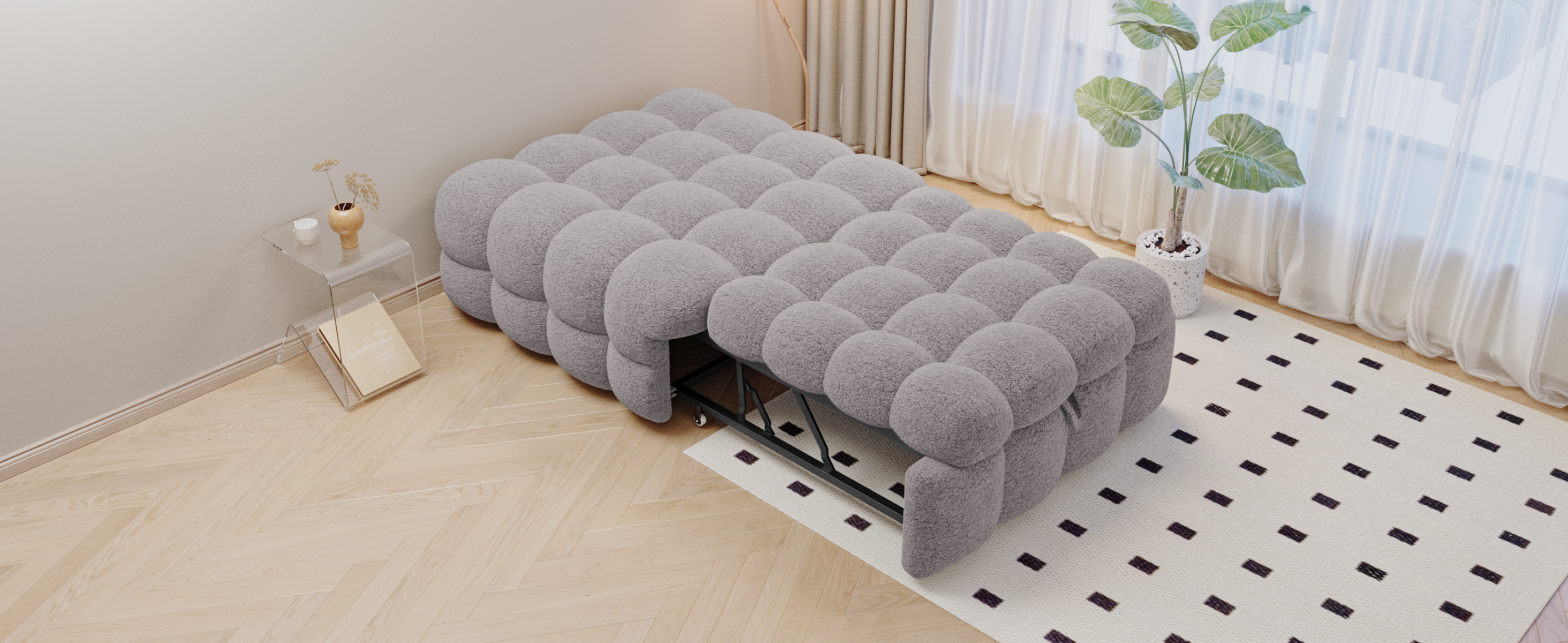 Lit pouf convertible 2-en-1 en tissu bouclé gris, - image 22