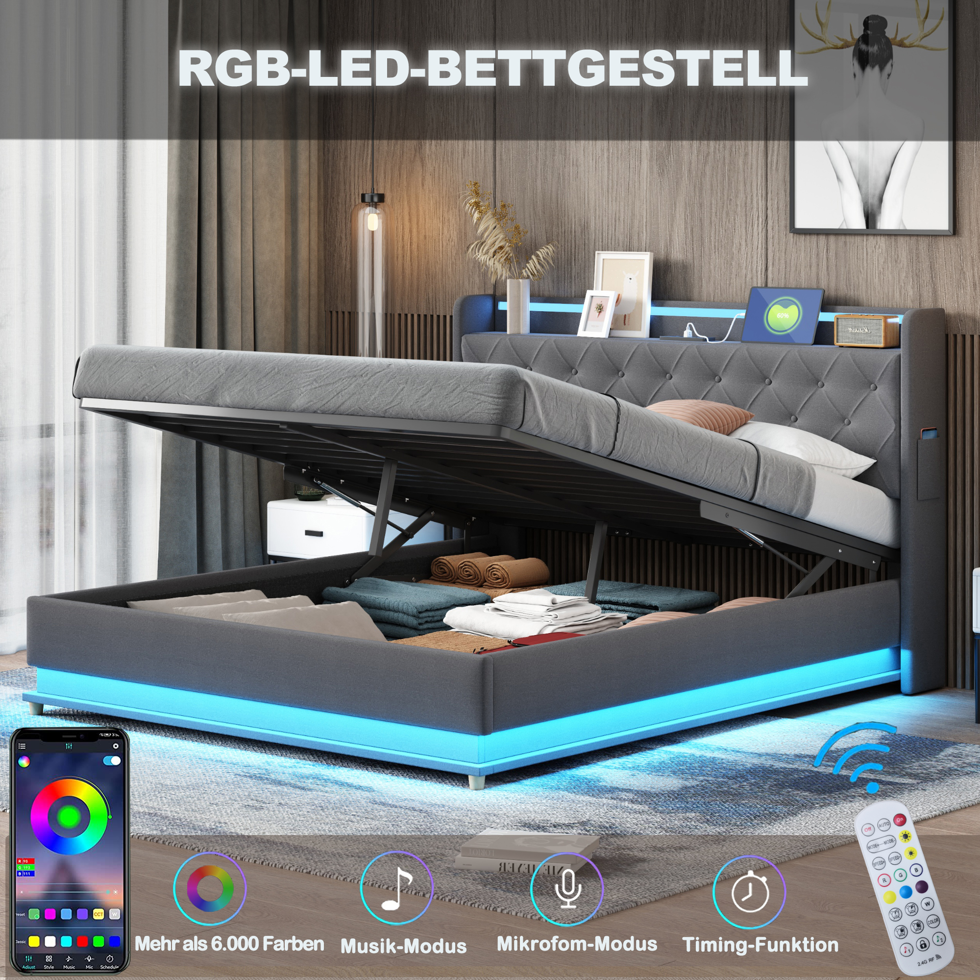 LED Polsterbett 140*200 cm mit USB-Ladeanschluss u