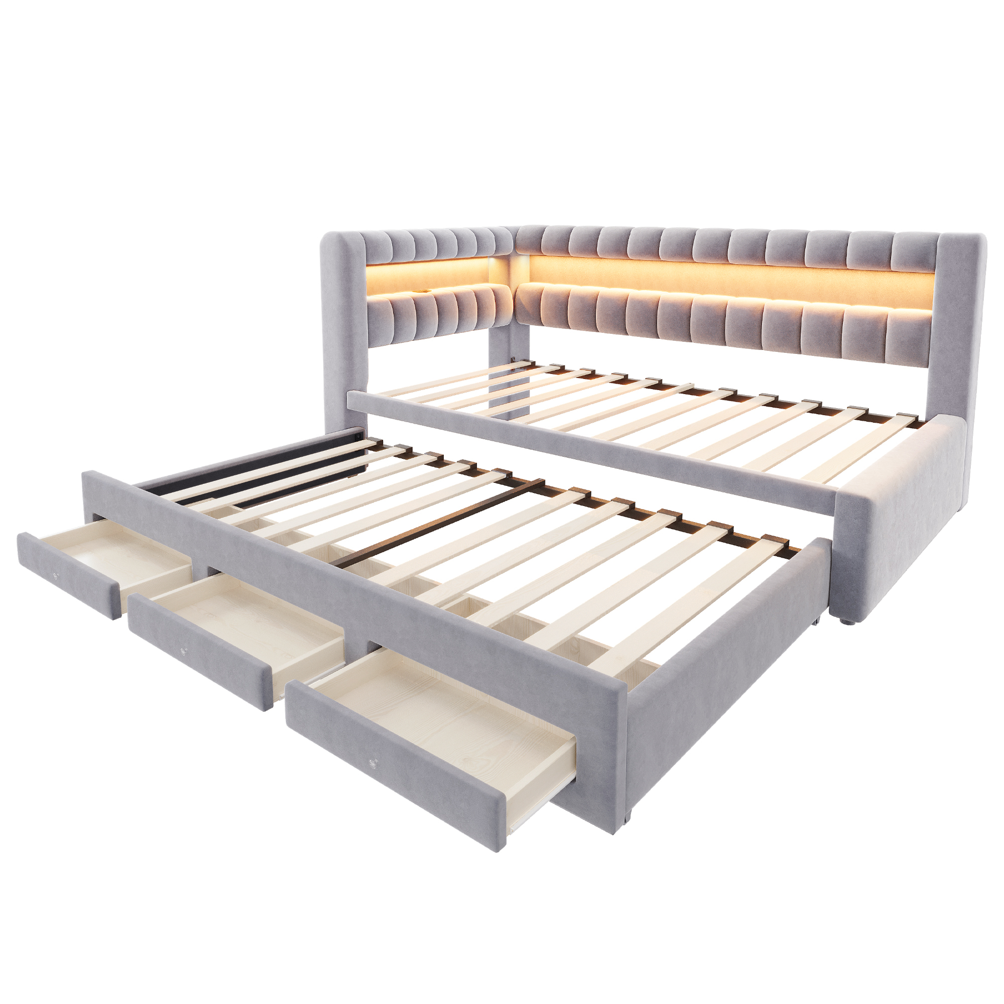 Lit banquette convertible 90x190 cm,en velours,couchage gigogne,éclairage LED,ports USB et Type-C,gris clair et gris,lit 1 place,lit avec rangement intégré