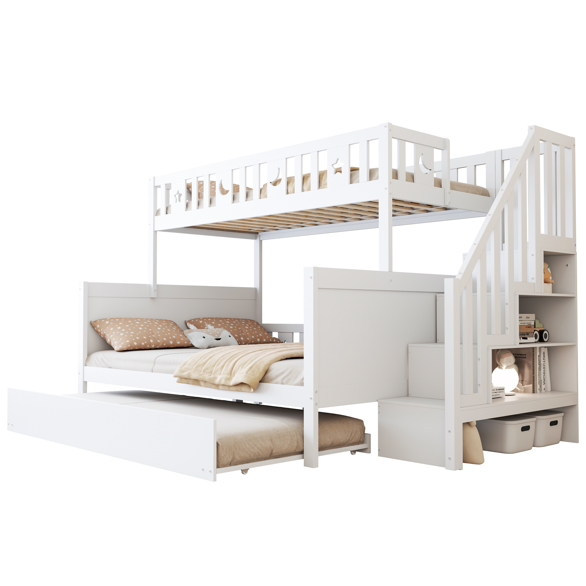 Lit superposé 90 x 200 cm avec éclairage LED, rangements intégrés, fonction extensible, blanc - points forts 1