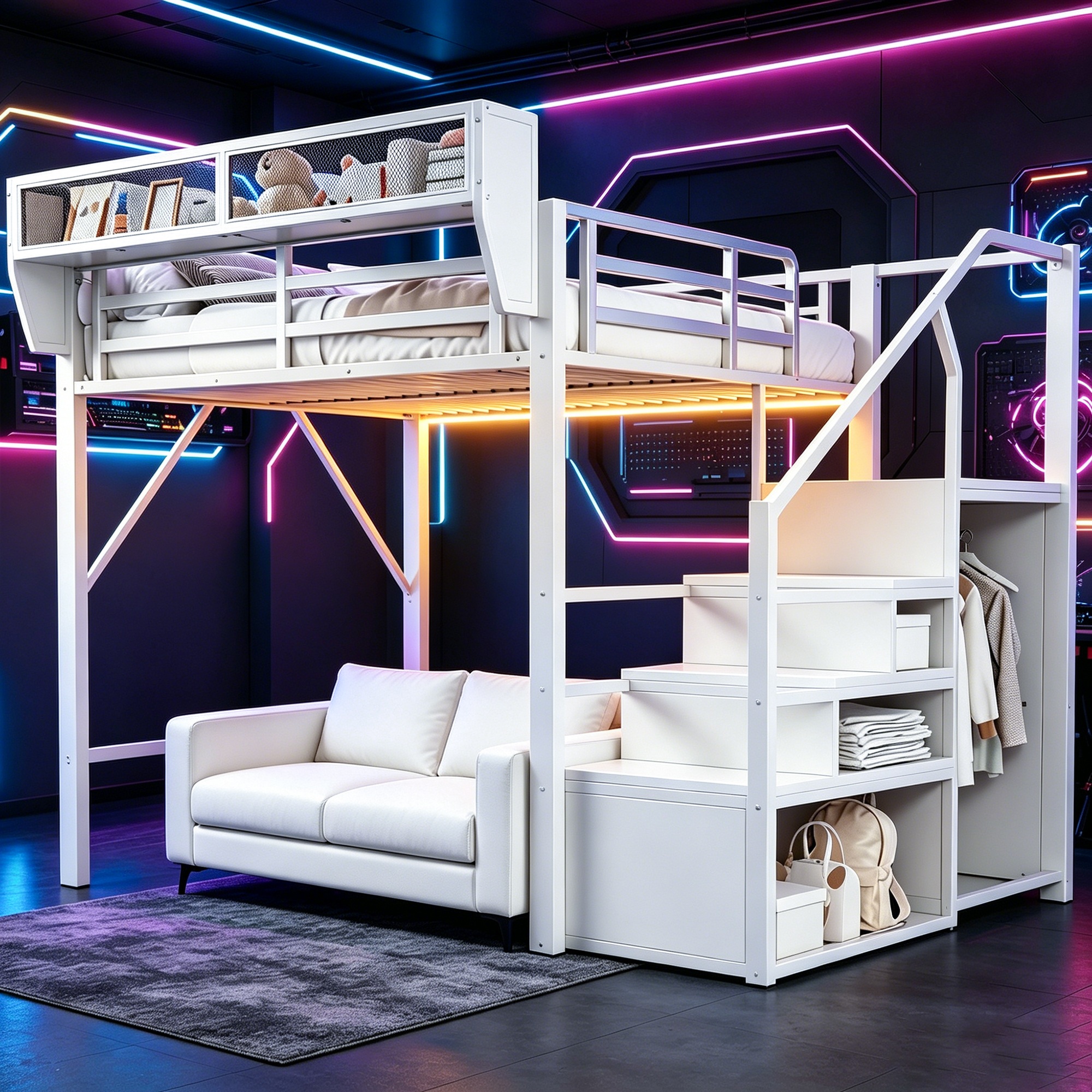 Lit mezzanine 140x200 cm avec LED, bureau, étagères et rangements, métal Blanc - vue principale 1