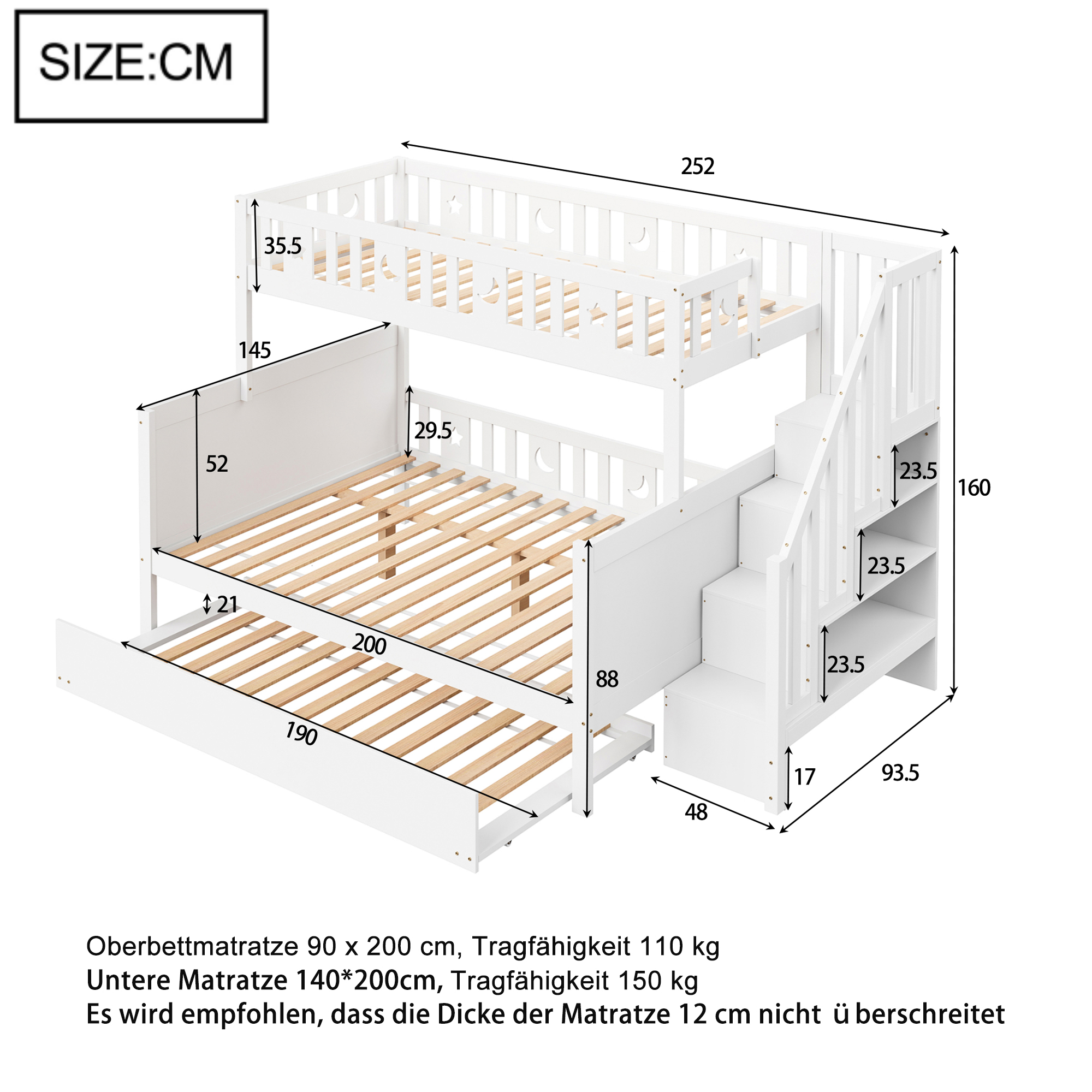 Lit superposé 90 x 200 cm avec éclairage LED, rangements intégrés, fonction extensible, blanc - vue complémentaire 1