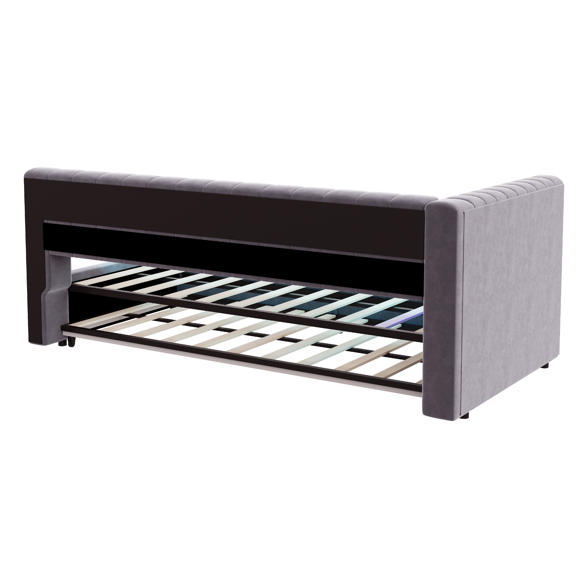 Lit banquette convertible 90x200 cm,en velours,couchage gigogne,éclairage LED,ports USB et Type-C,gris clair et gris,lit 1 place,lit avec rangement intégré