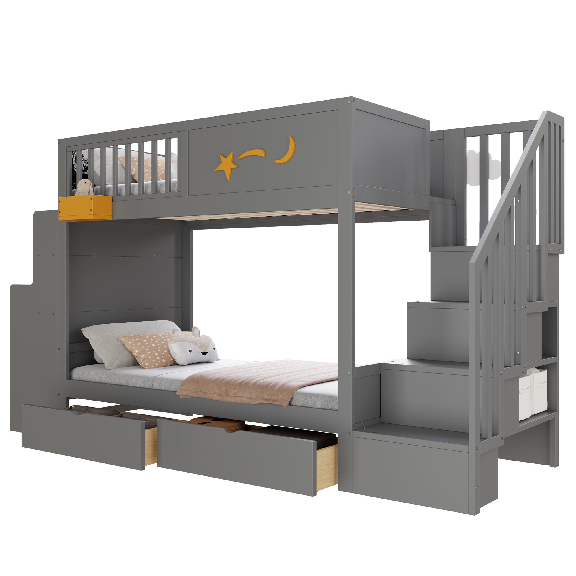 Dimensions et détails du lit superposé enfant 90 x 200 cm en bois avec bureau, tiroirs, escalier de rangement et finition gris