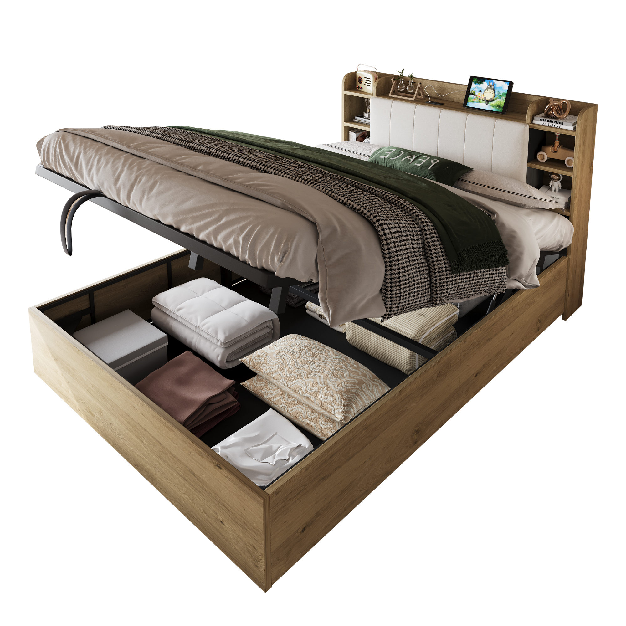 Lit coffre hydraulique 180 x 200 cm avec tête de lit à rangements, prises USB Type-C et structure MDF bois en situation