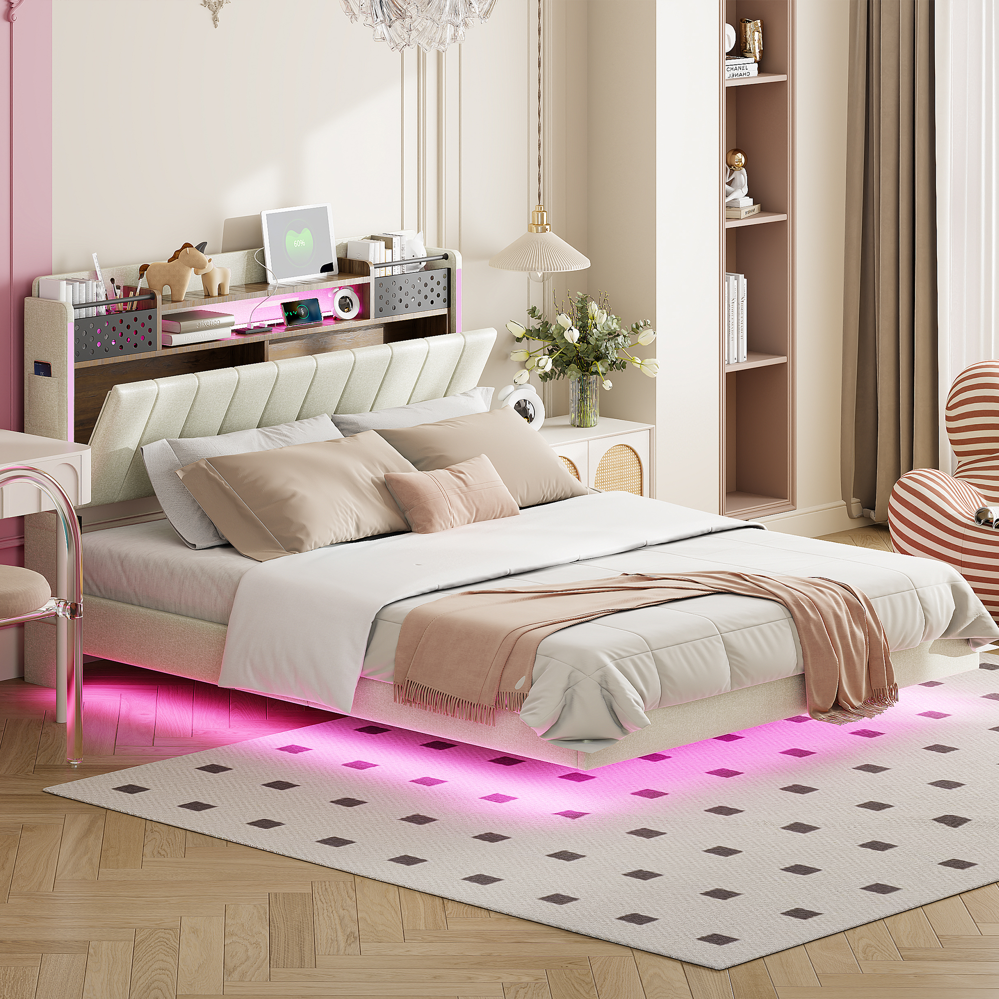 Lit rembourré 140 x 200 cm, éclairage LED à la tête et au pied du lit, prise intégrée, rangements intégrés, lin, métal, contreplaqué et MDF, beige, 222 x 145,5 x 111 cm - présentation 1