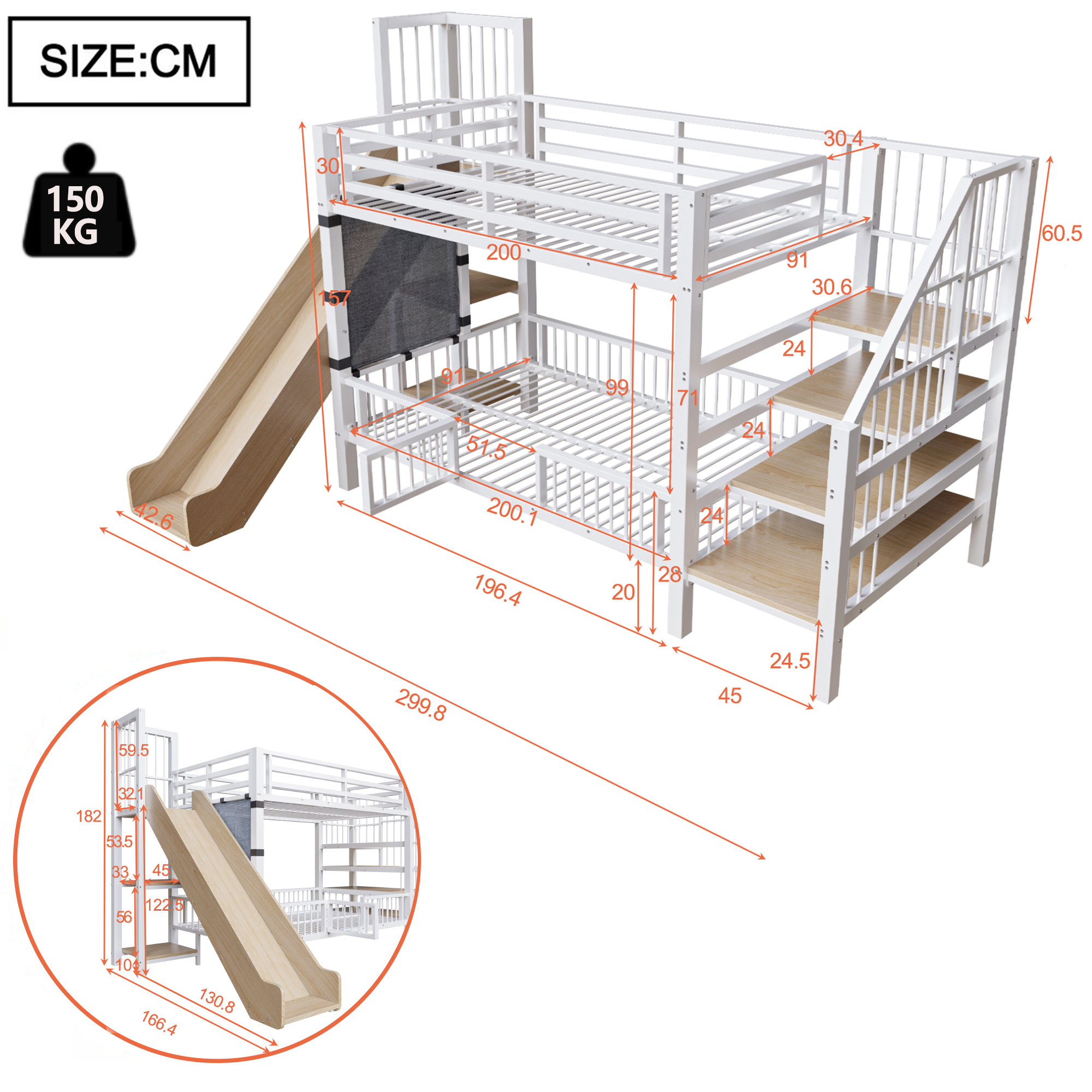 Lit mezzanine enfant en métal avec toboggan, escalier de rangement et barrières de sécurité blanc vue détaillée