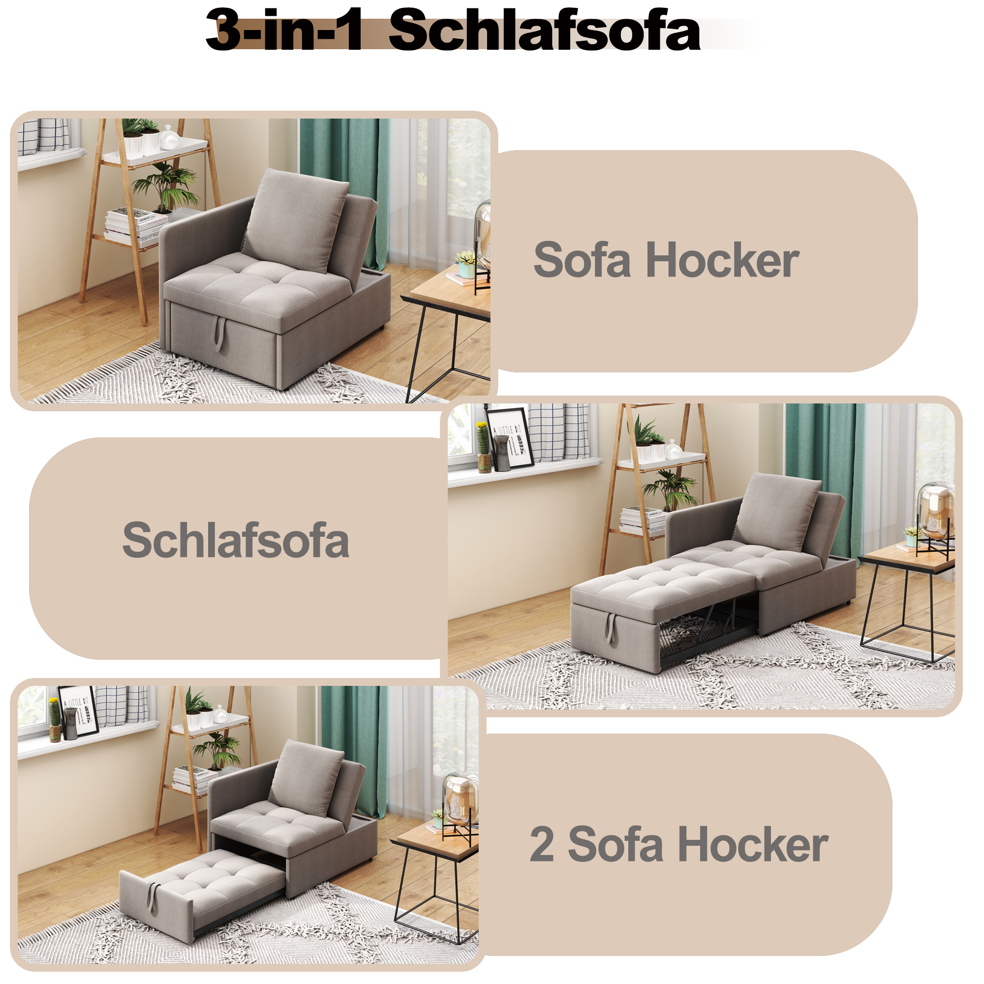 Canapé-lit convertible 3-en-1 (sofa, fauteuil lounge, lit simple), en lin, pour petits espaces, chambres d'amis et bureau, design polyvalent, confort maximal, matériau respirant, style moderne fonctionnel - image 17